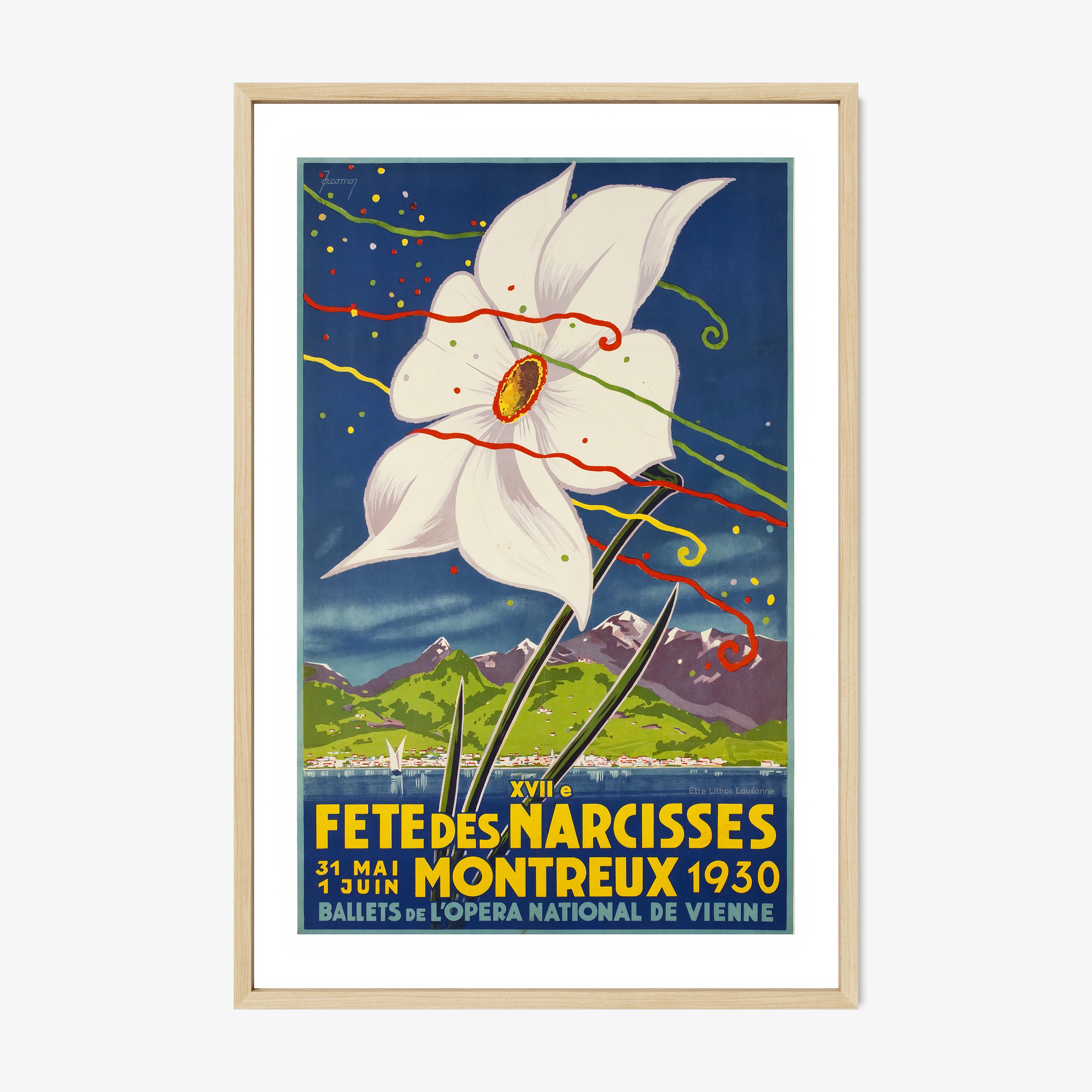 Framed artwork featuring a large white flower on top of a serene mountain landscape hanging on a light background
