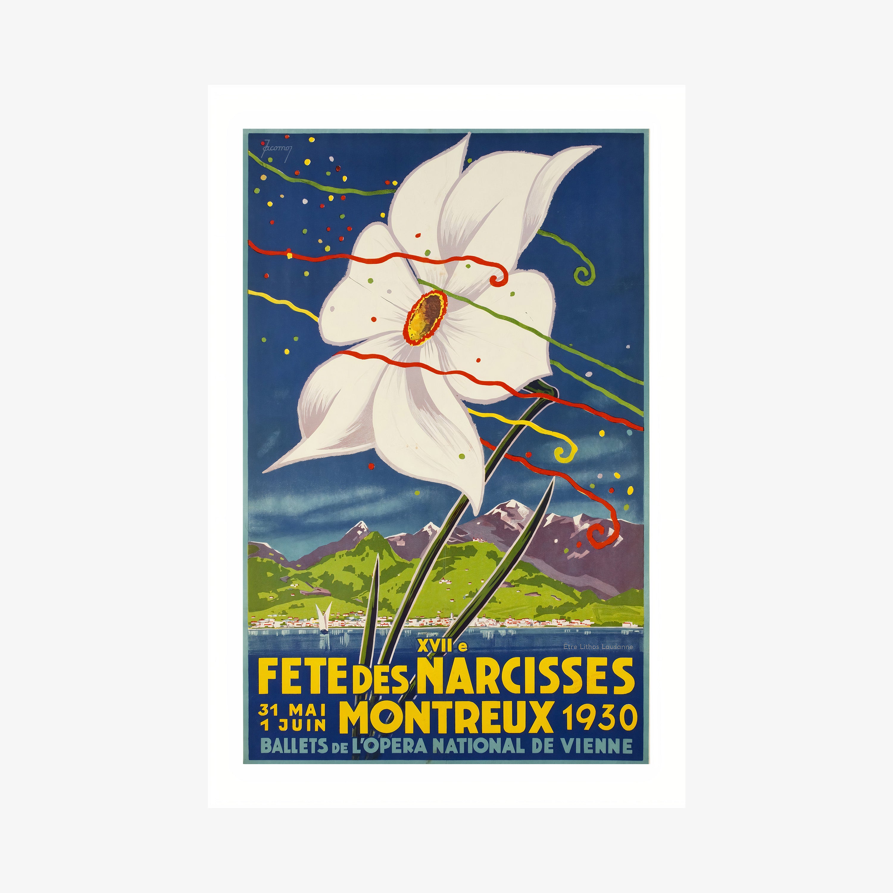 Artwork featuring a large white flower on top of a serene mountain landscape hanging on a light background