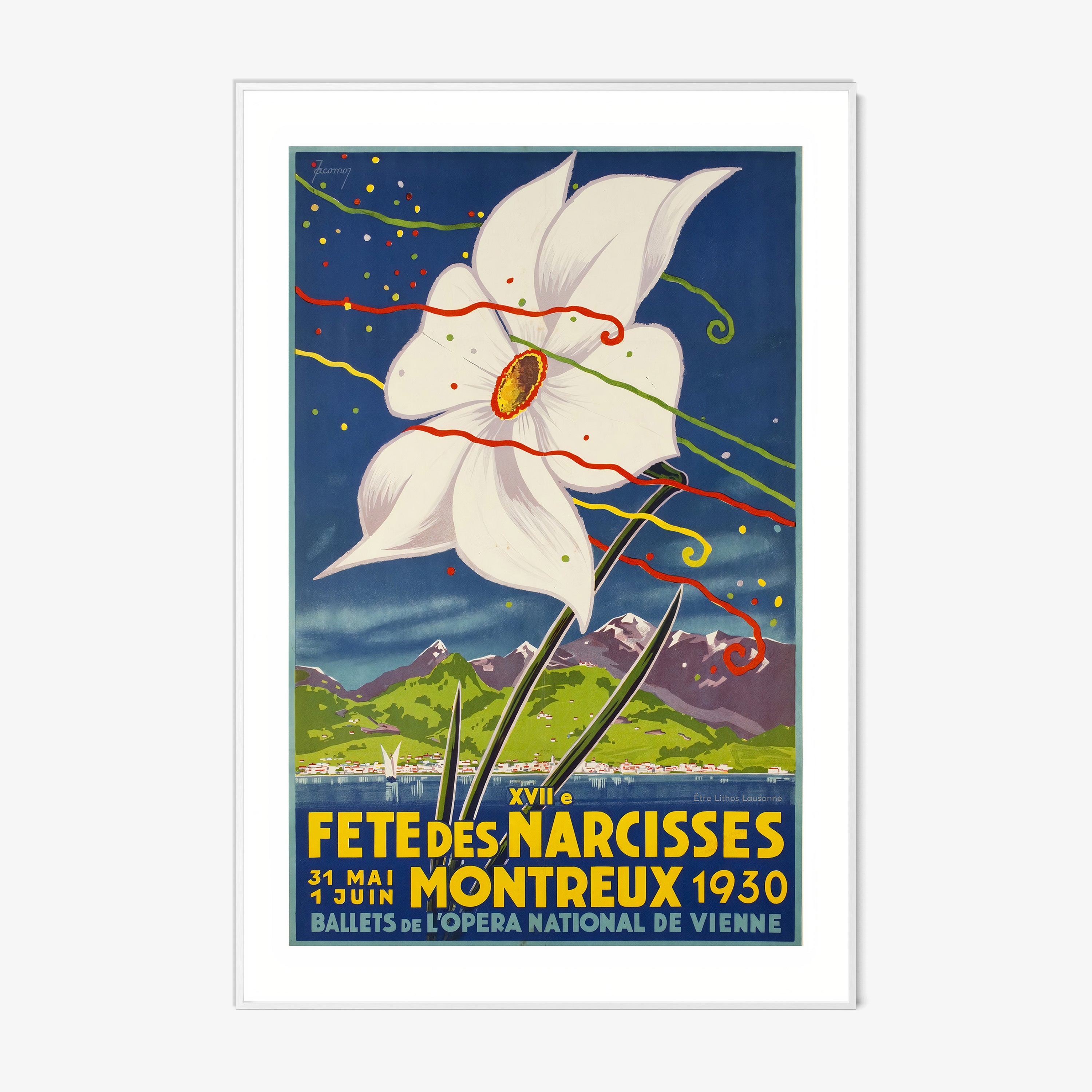 Framed artwork featuring a large white flower on top of a serene mountain landscape hanging on a light background