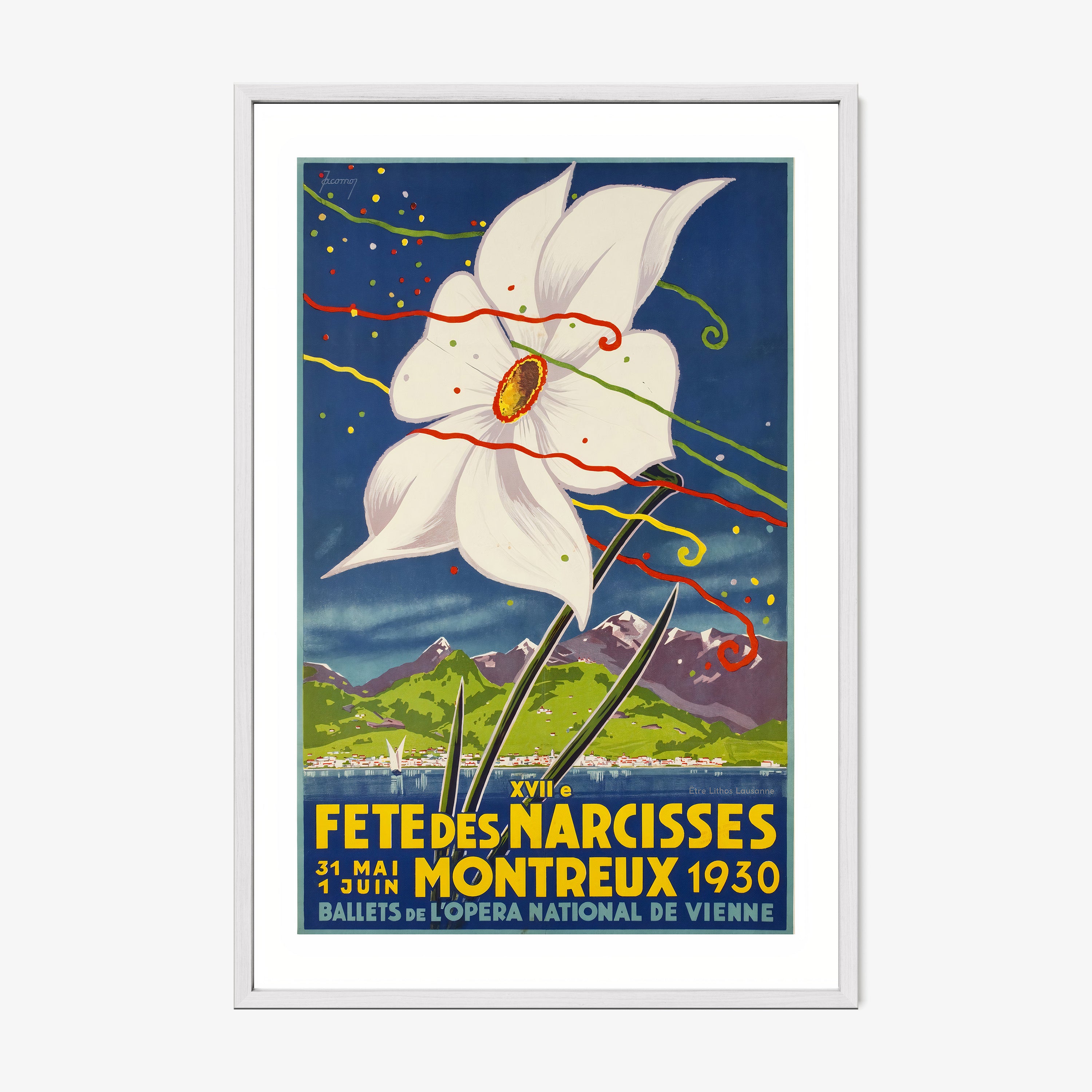 Framed artwork featuring a large white flower on top of a serene mountain landscape hanging on a light background