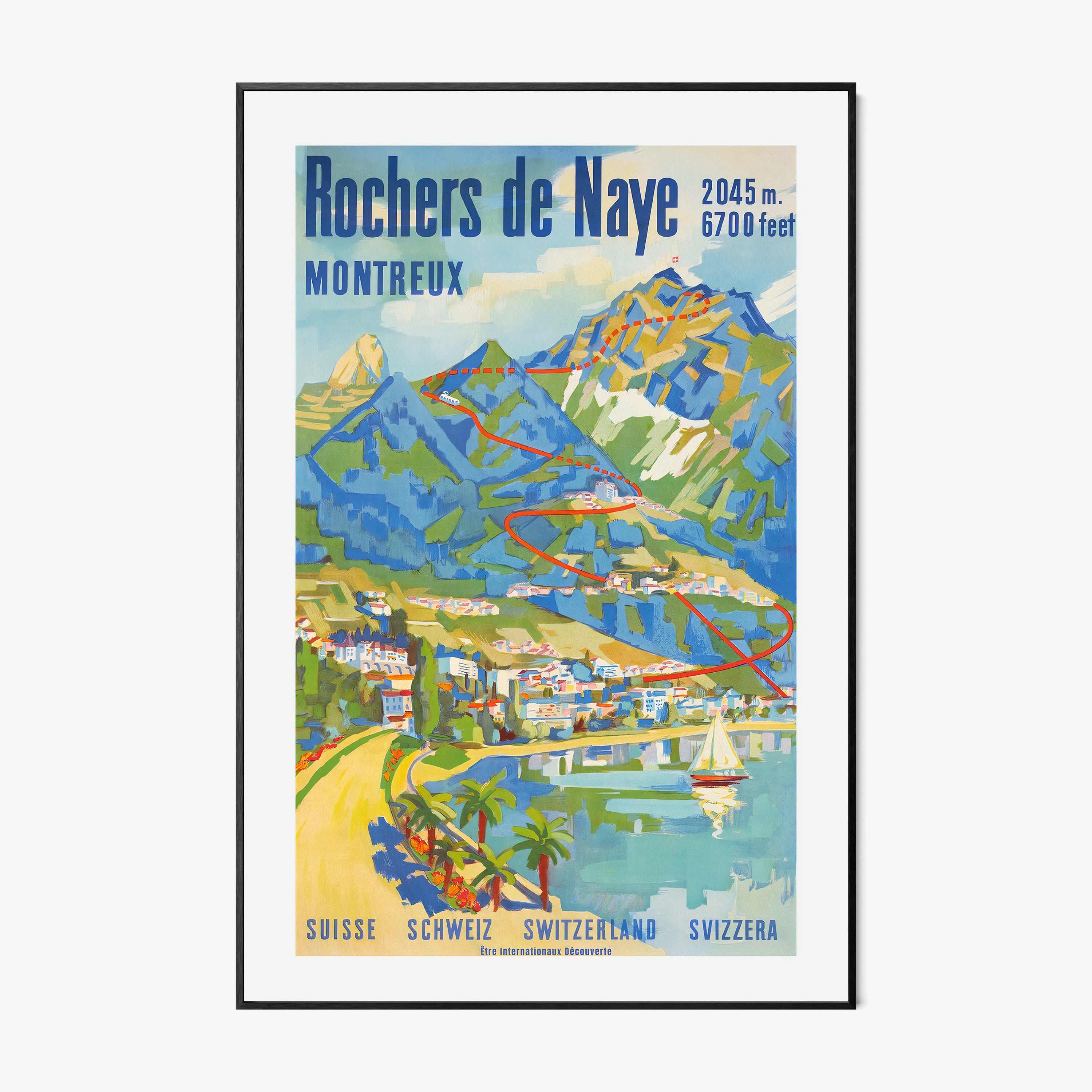 Framed Poster of "Rochers de Naye" a coastal mountain scene hanging on a light background