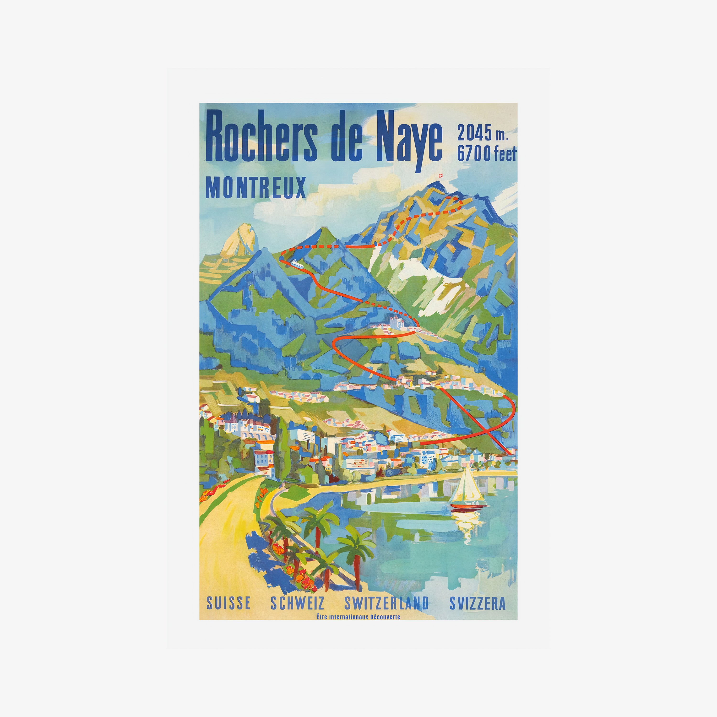 Poster of "Rochers de Naye" a coastal mountain scene hanging on a light background