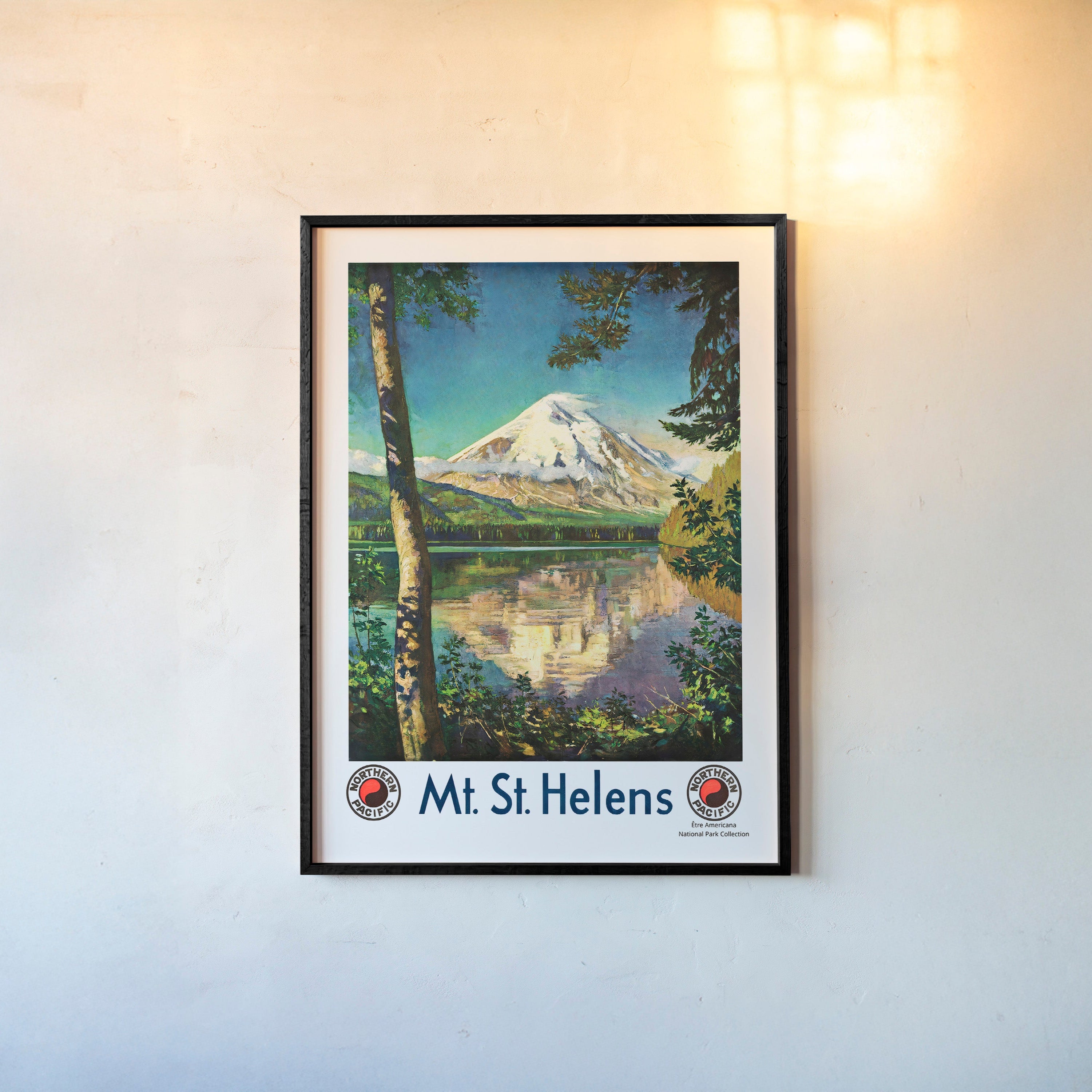 Framed poster of Mt. St. Helens hanging on a light background