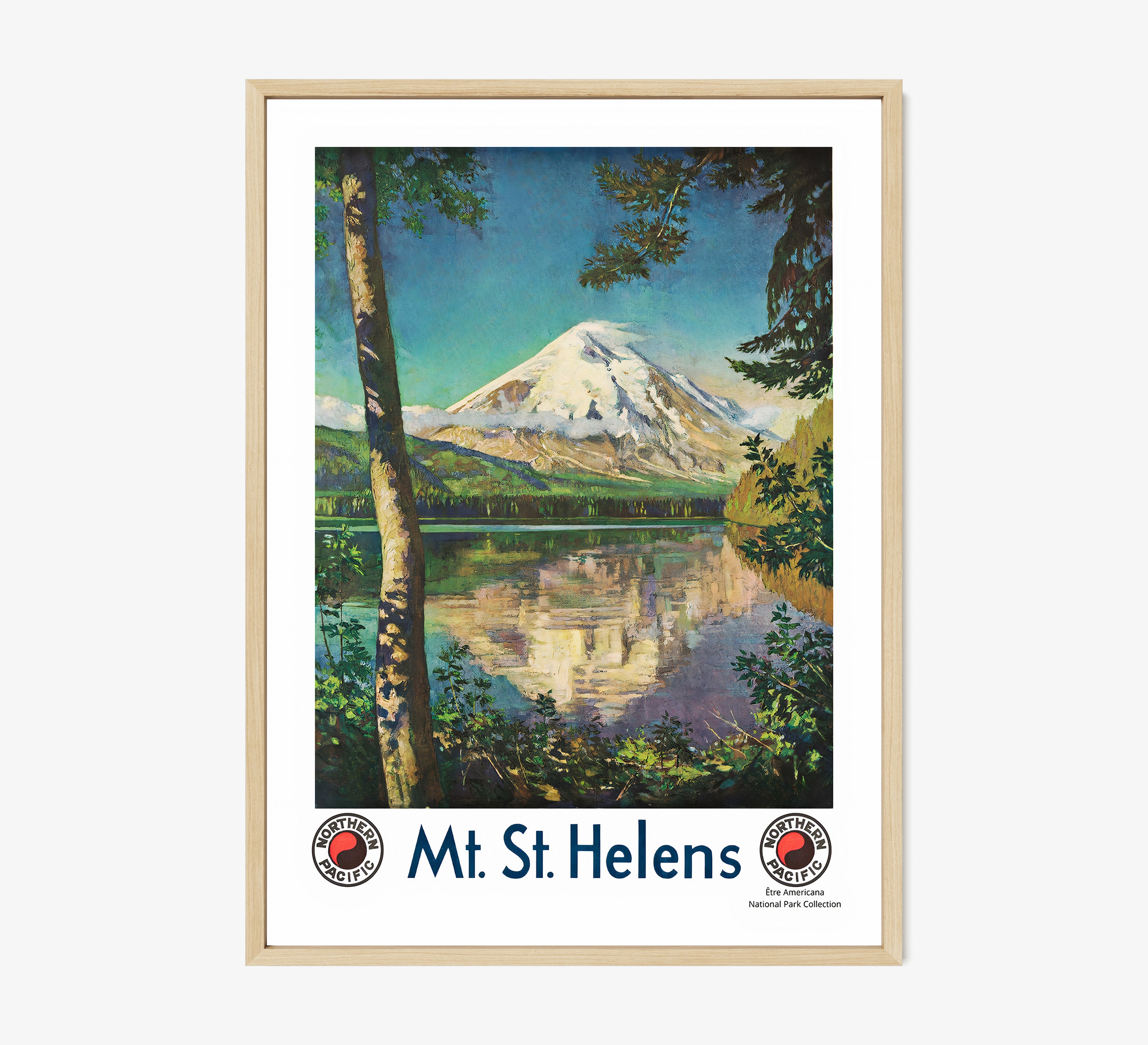 Framed poster of Mt. St. Helens hanging on a light background