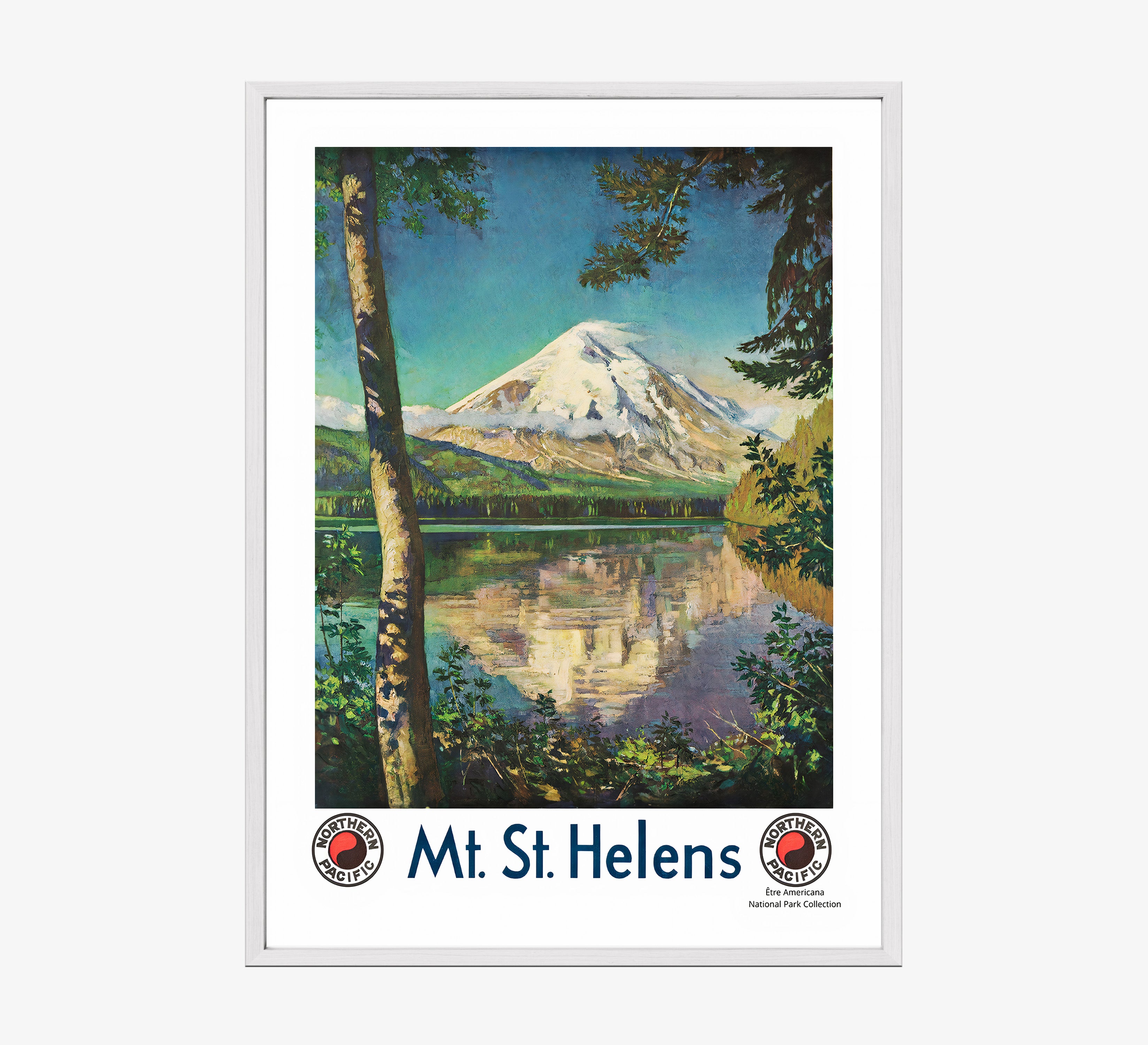Framed poster of Mt. St. Helens hanging on a light background