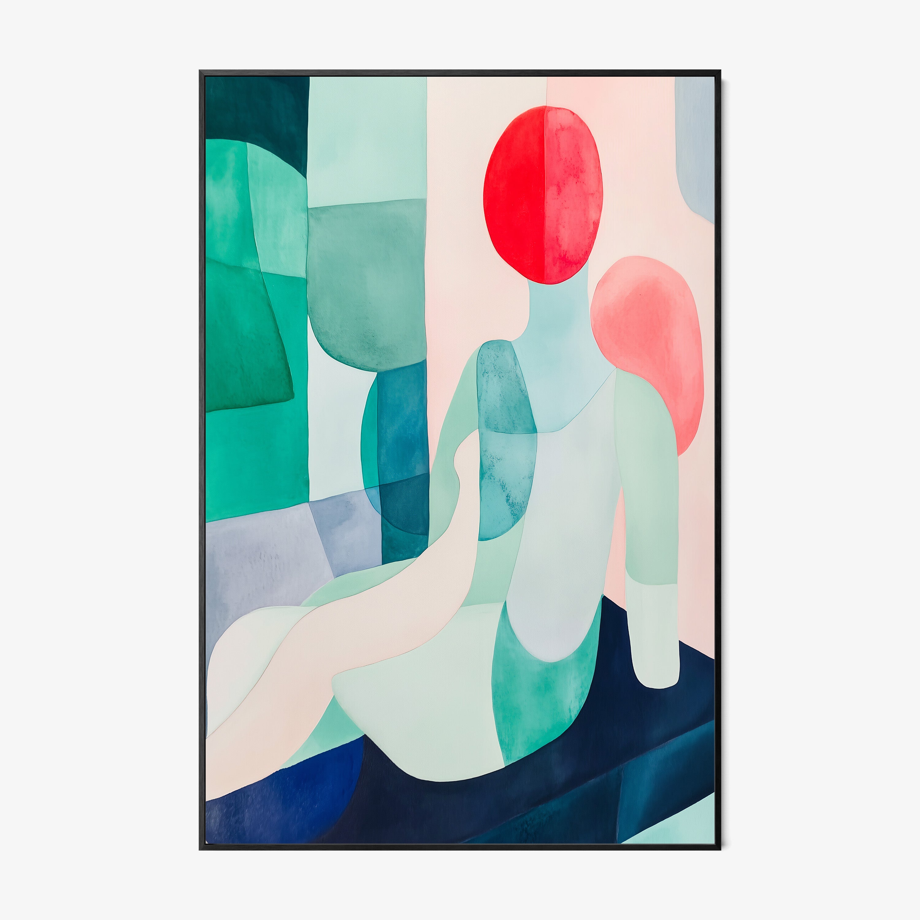 Framed poster of an abstract colorful figure hanging on a white background