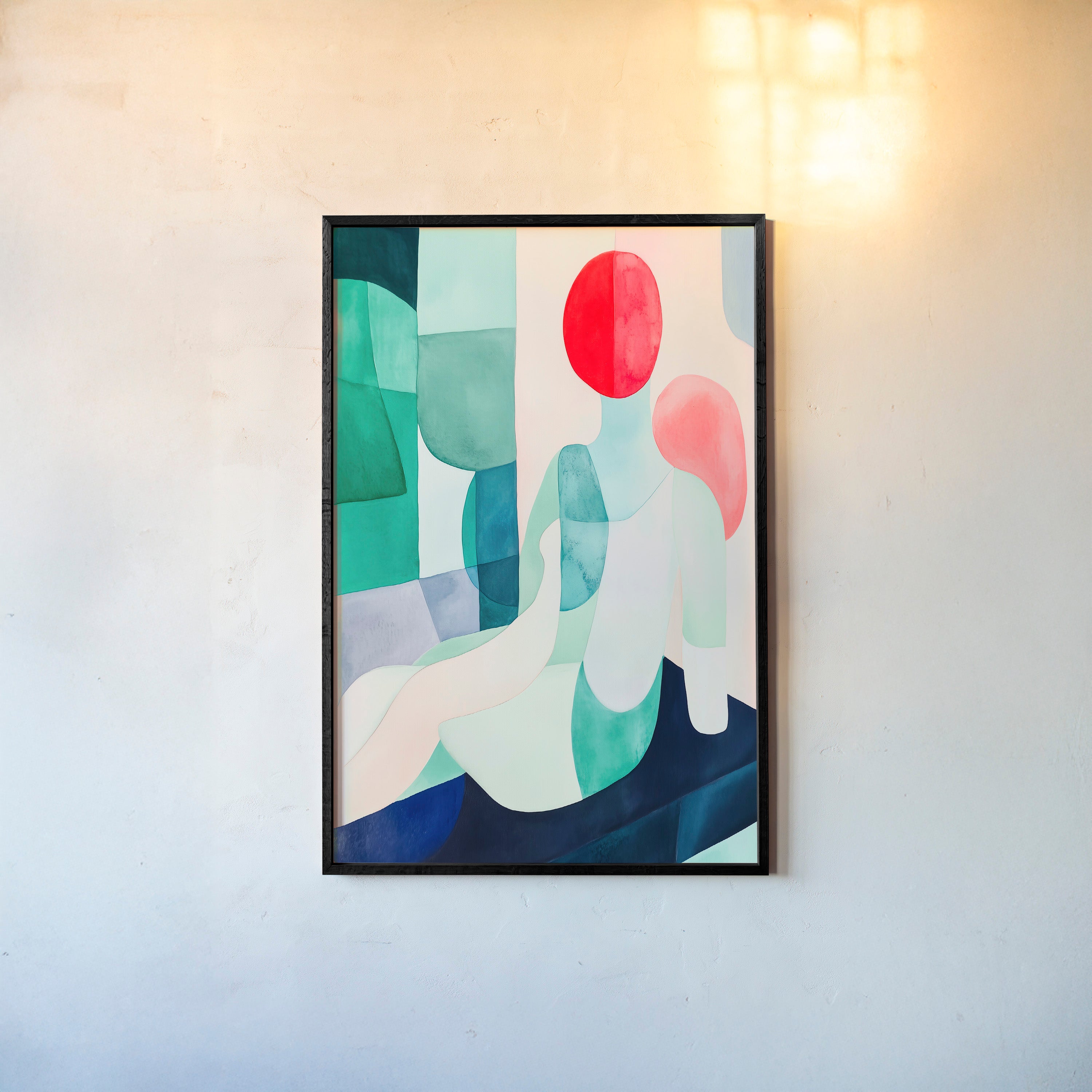 Framed poster of an abstract colorful figure hanging on a white background