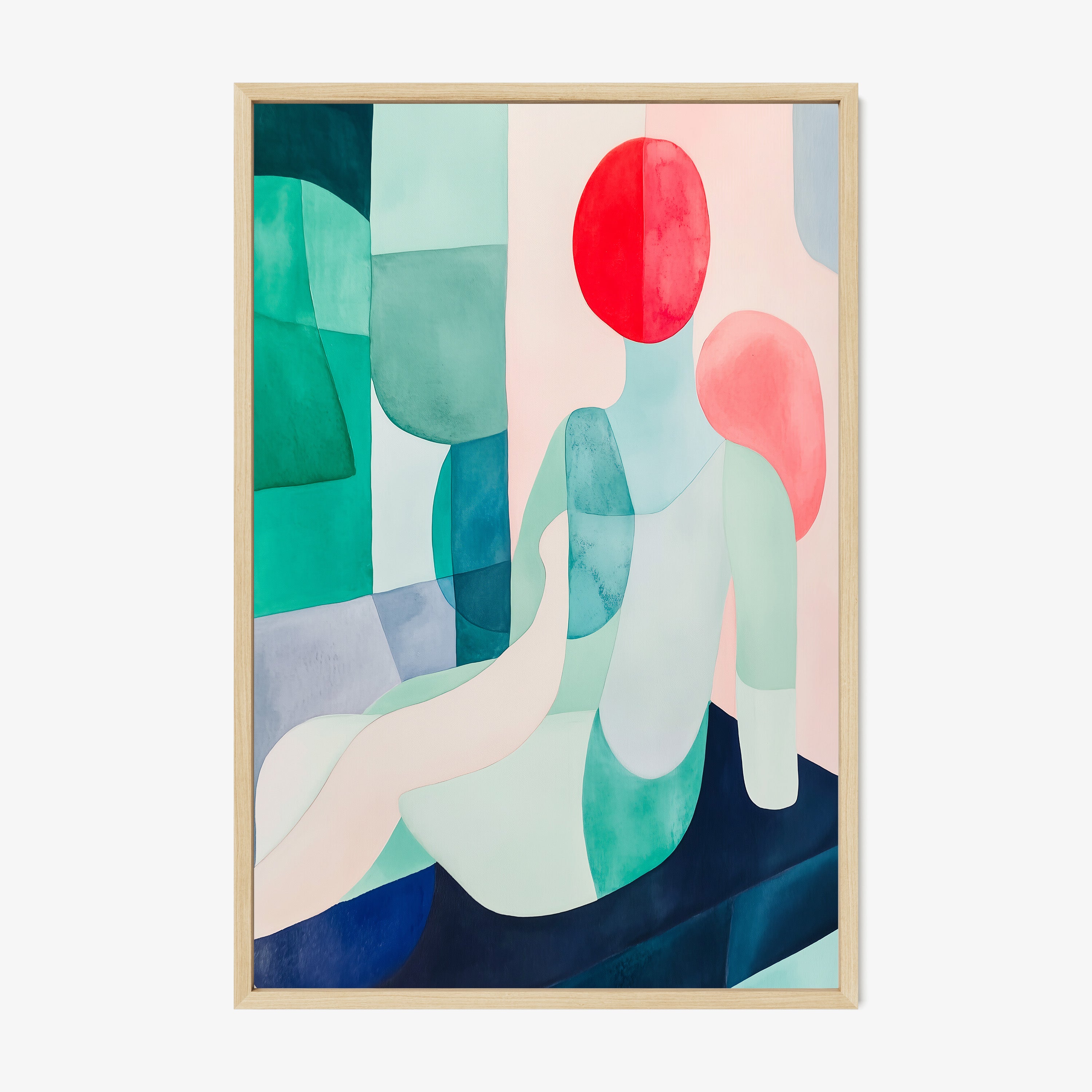 Framed poster of an abstract colorful figure hanging on a white background