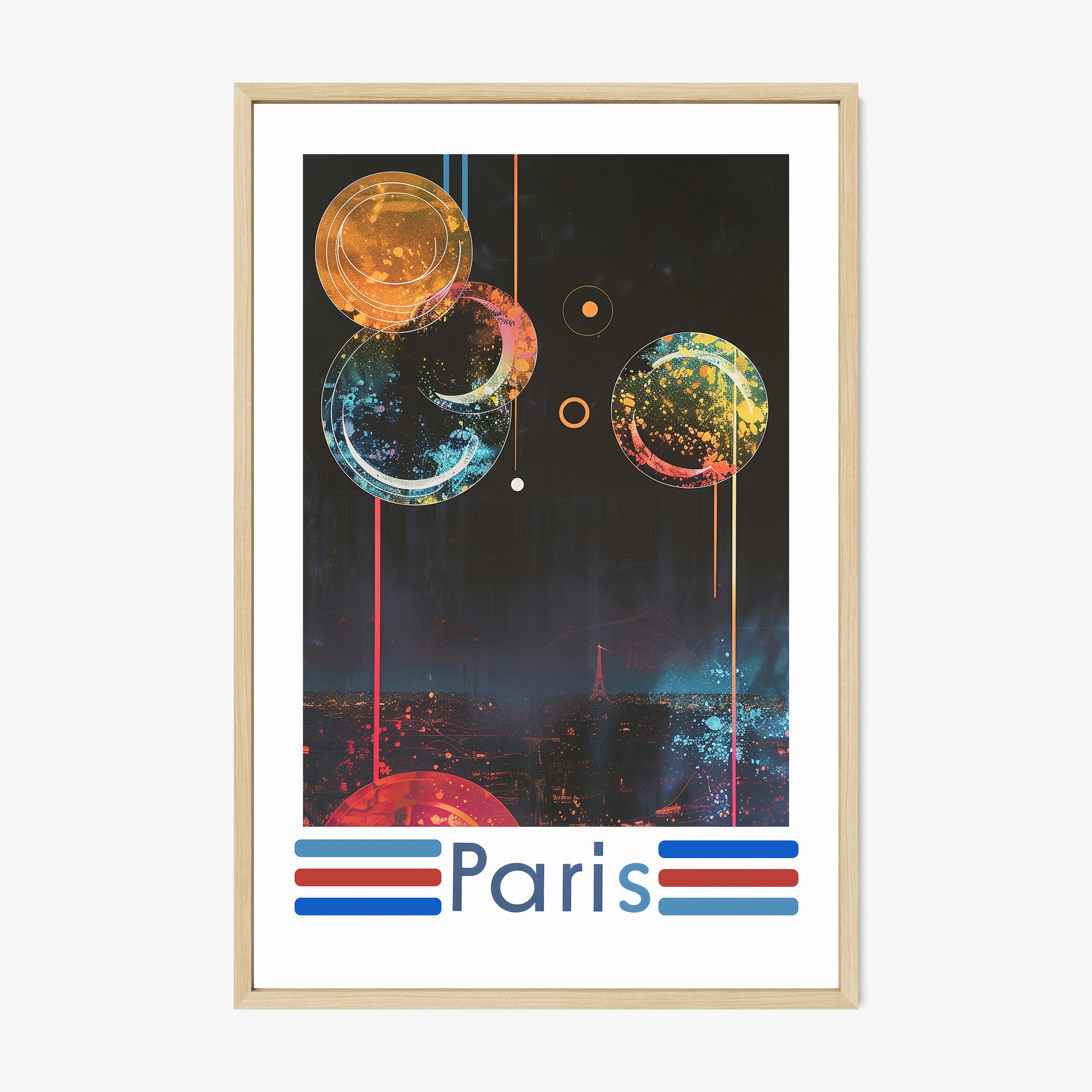 Framed poster of a colorful nighttime scene over Paris on a wall with a light background