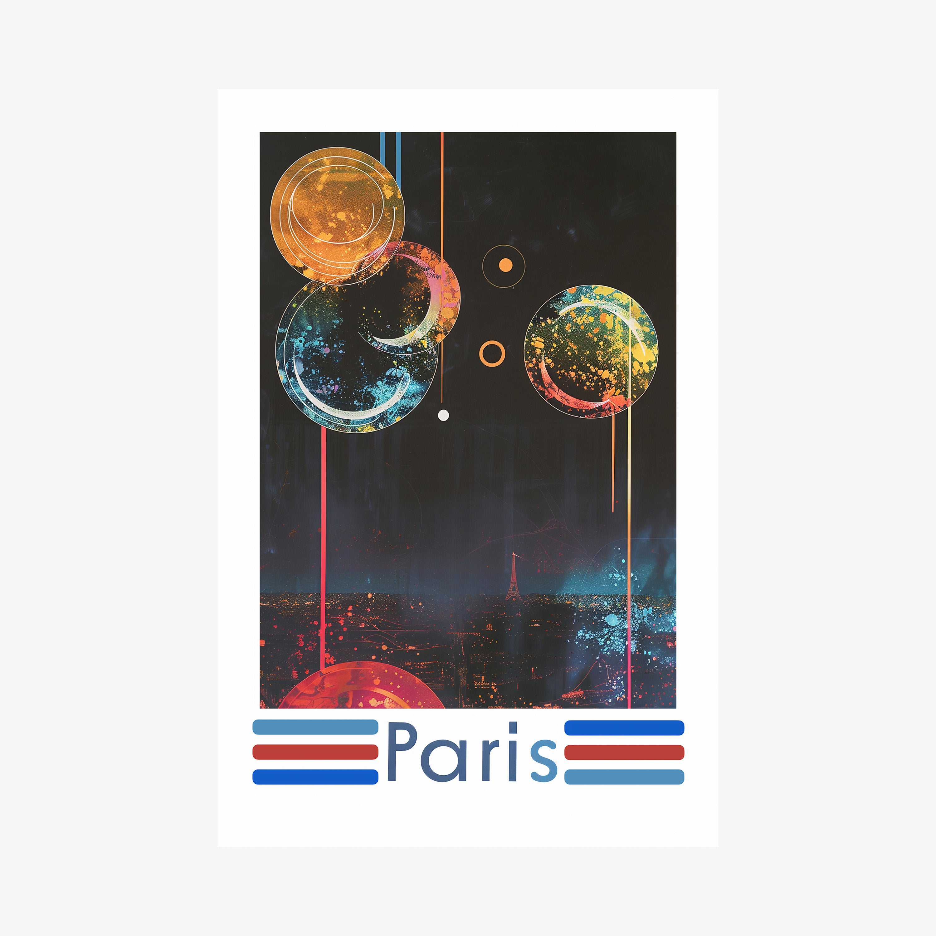 Poster of a colorful nighttime scene over Paris on a wall with a light background