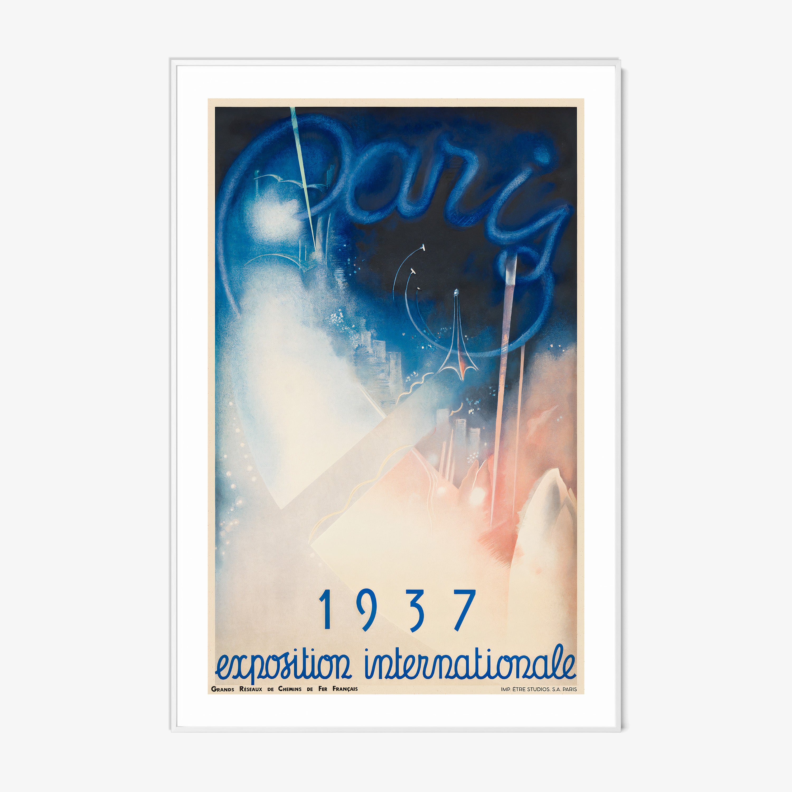 Framed poster of a whimsical blue and pink Paris scene with the text "1937 exposition internationale" at the bottom hanging on a light background