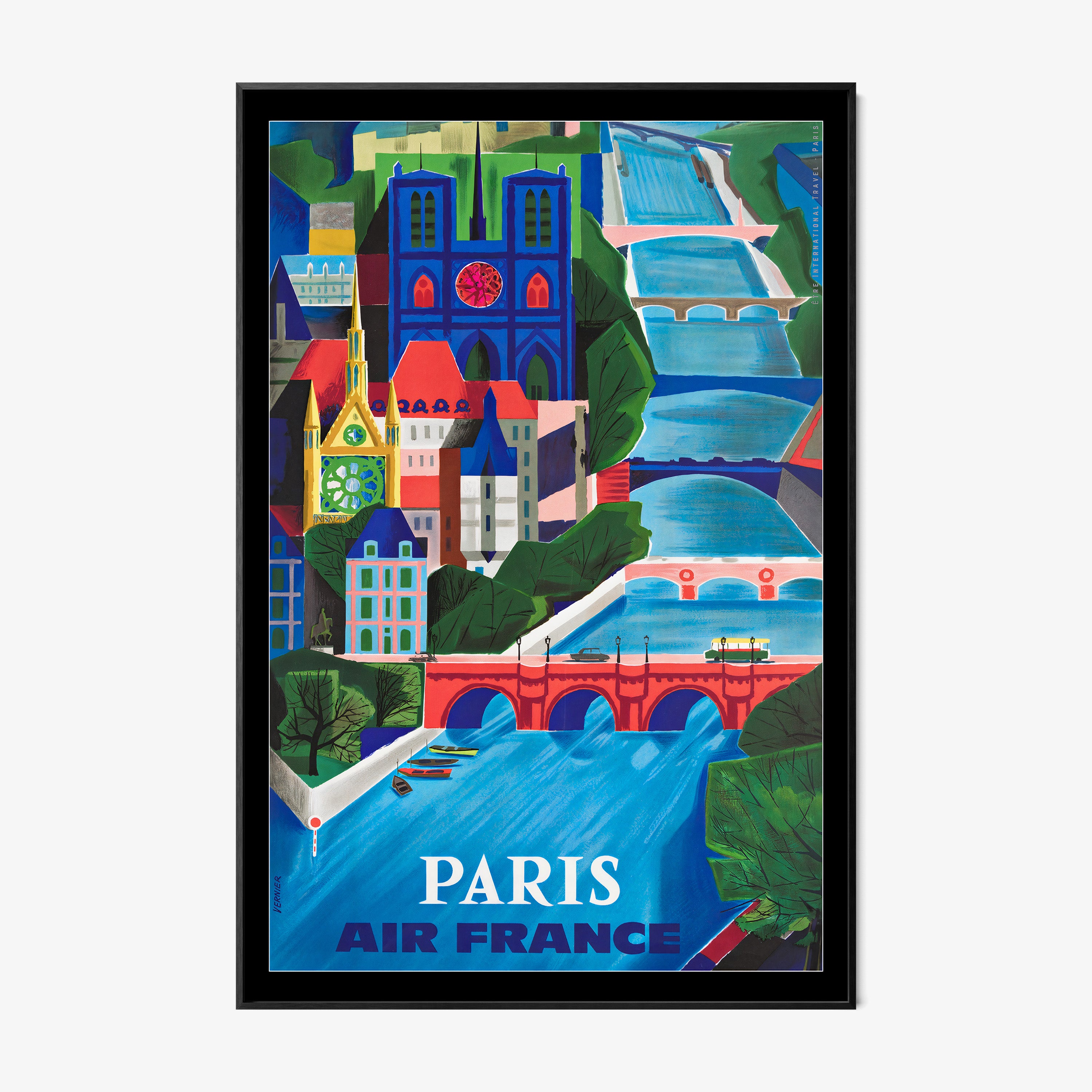 Framed poster of Paris featuring a colorful blue river with many bridges hanging on a light background