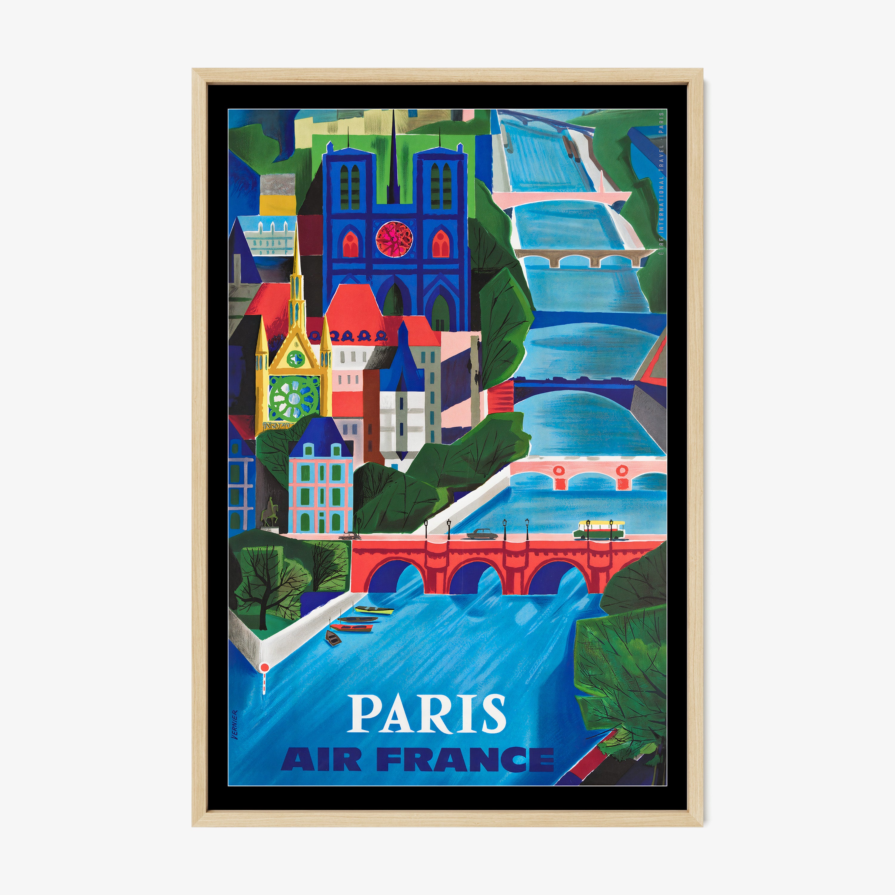 Framed poster of Paris featuring a colorful blue river with many bridges hanging on a light background