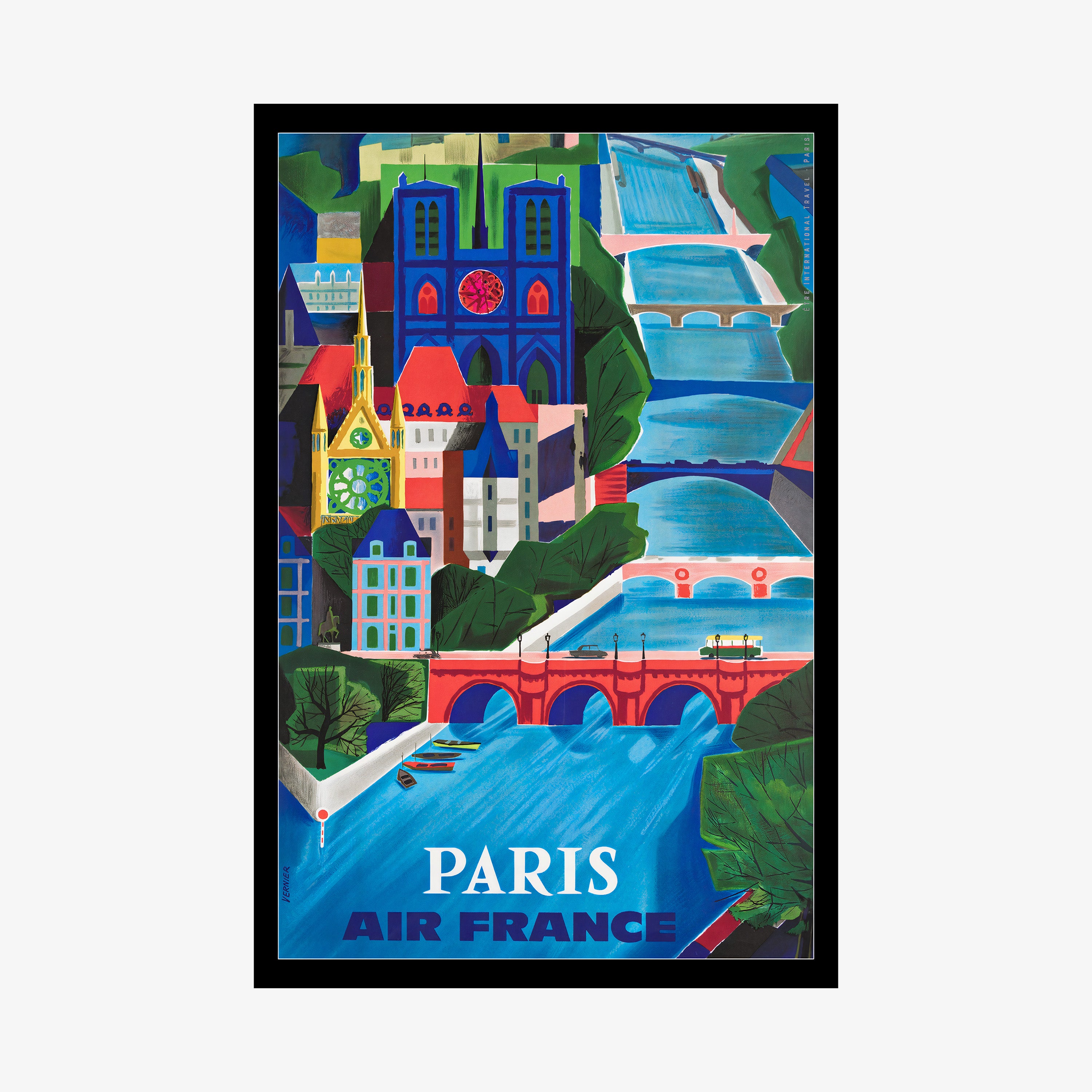 Poster of Paris featuring a colorful blue river with many bridges hanging on a light background