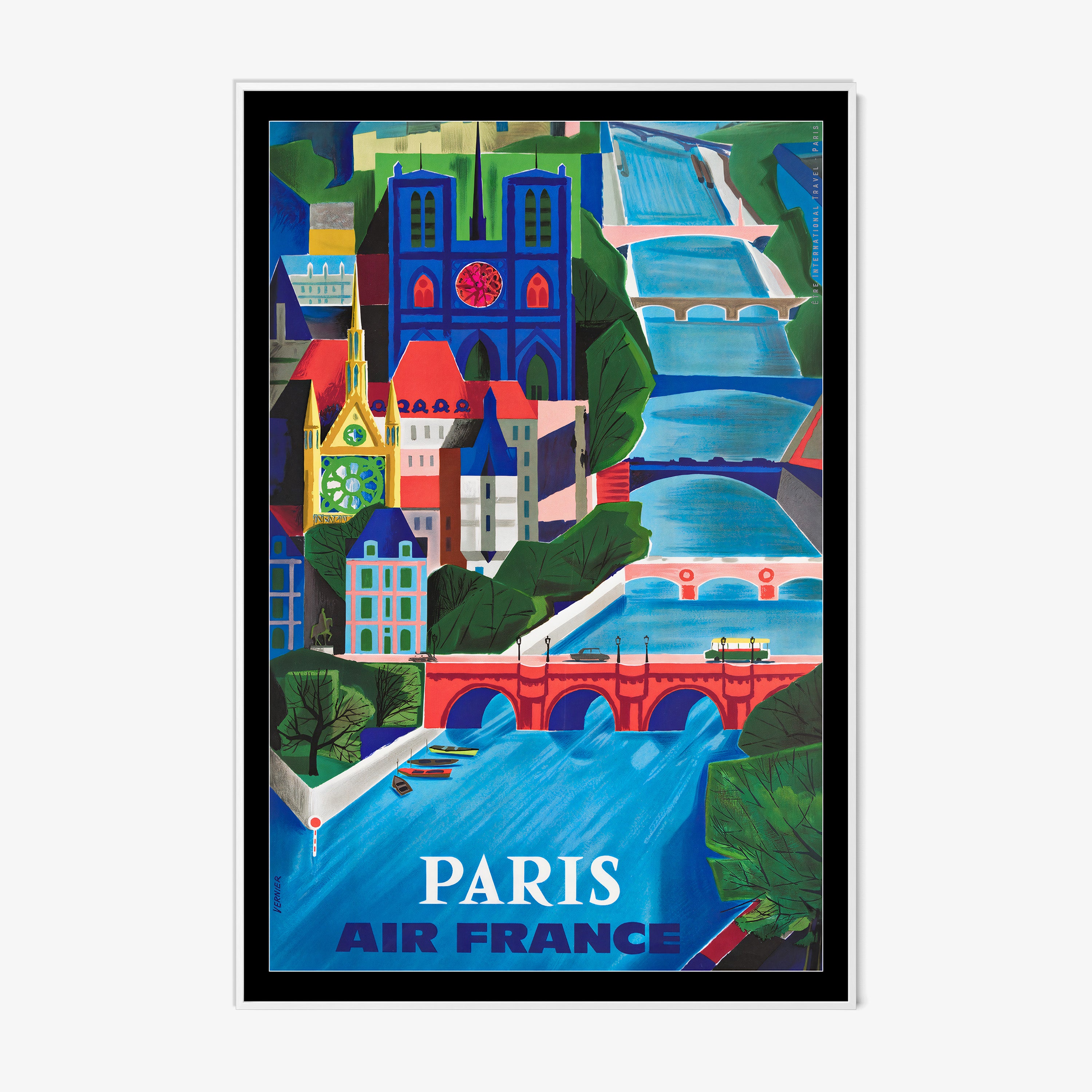 Framed poster of Paris featuring a colorful blue river with many bridges hanging on a light background