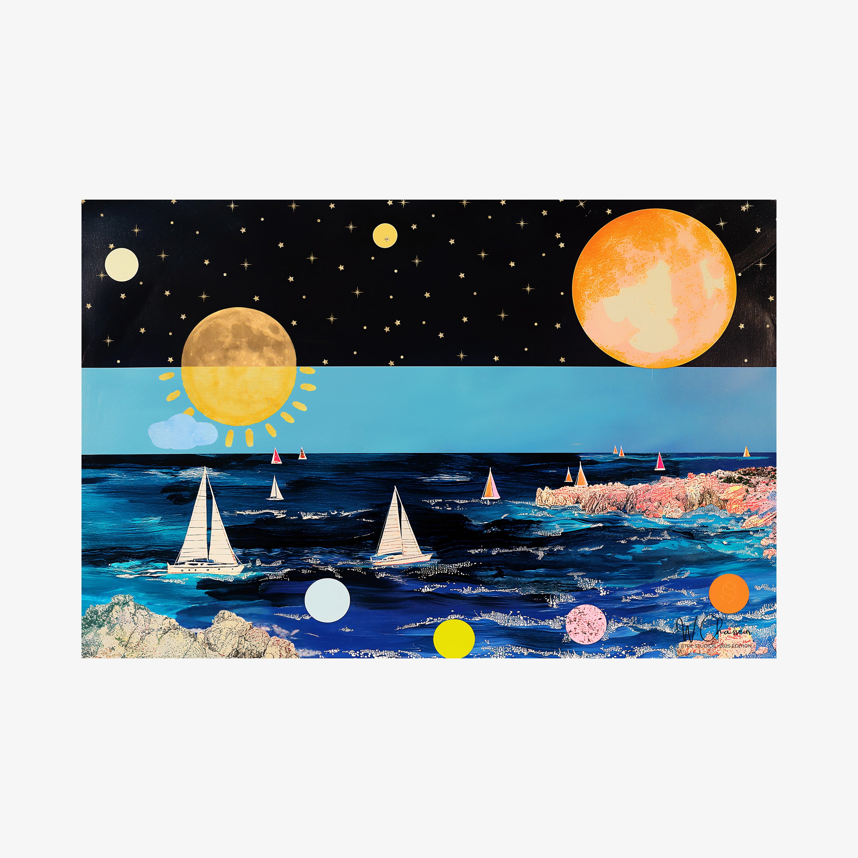 Poster of a colorful ocean scene featuring large planets and sailboats hanging on a light background