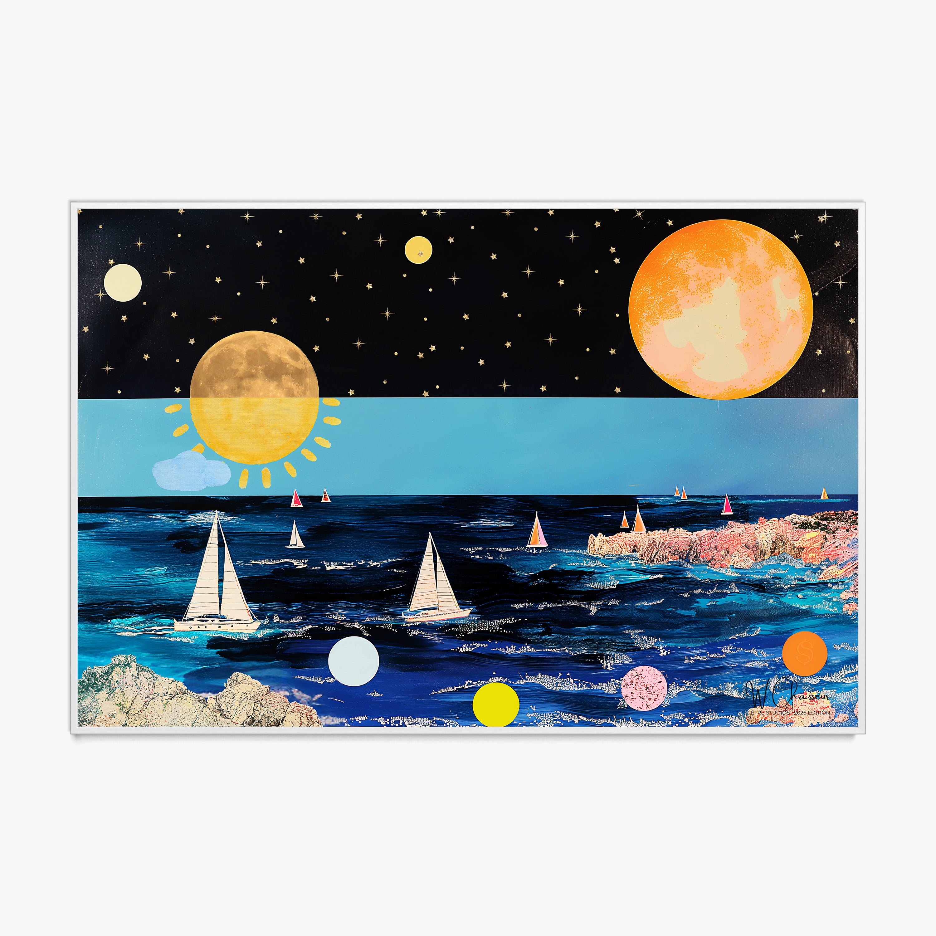 Framed poster of a colorful ocean scene featuring large planets and sailboats hanging on a light background