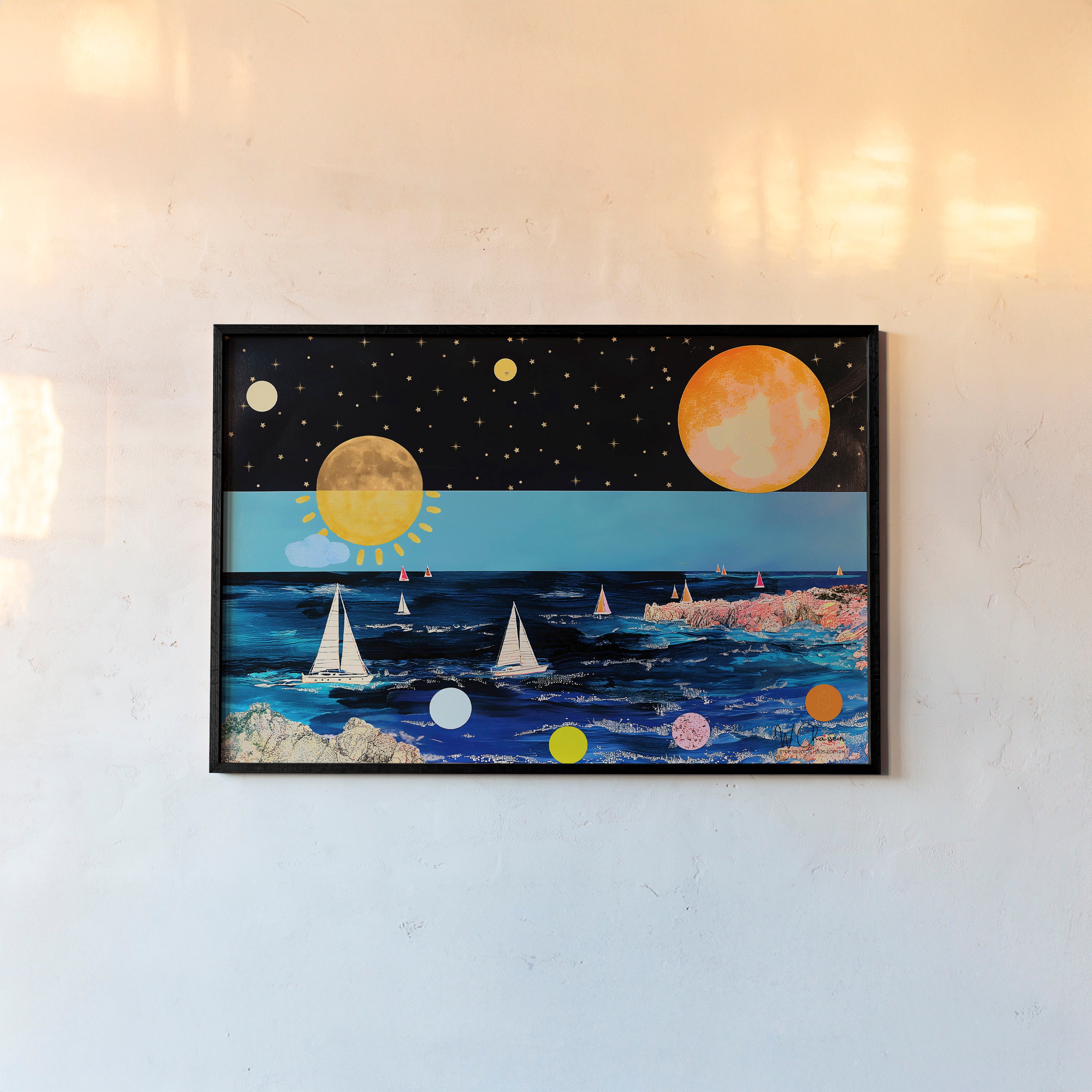 Framed poster of a colorful ocean scene featuring large planets and sailboats hanging on a light background