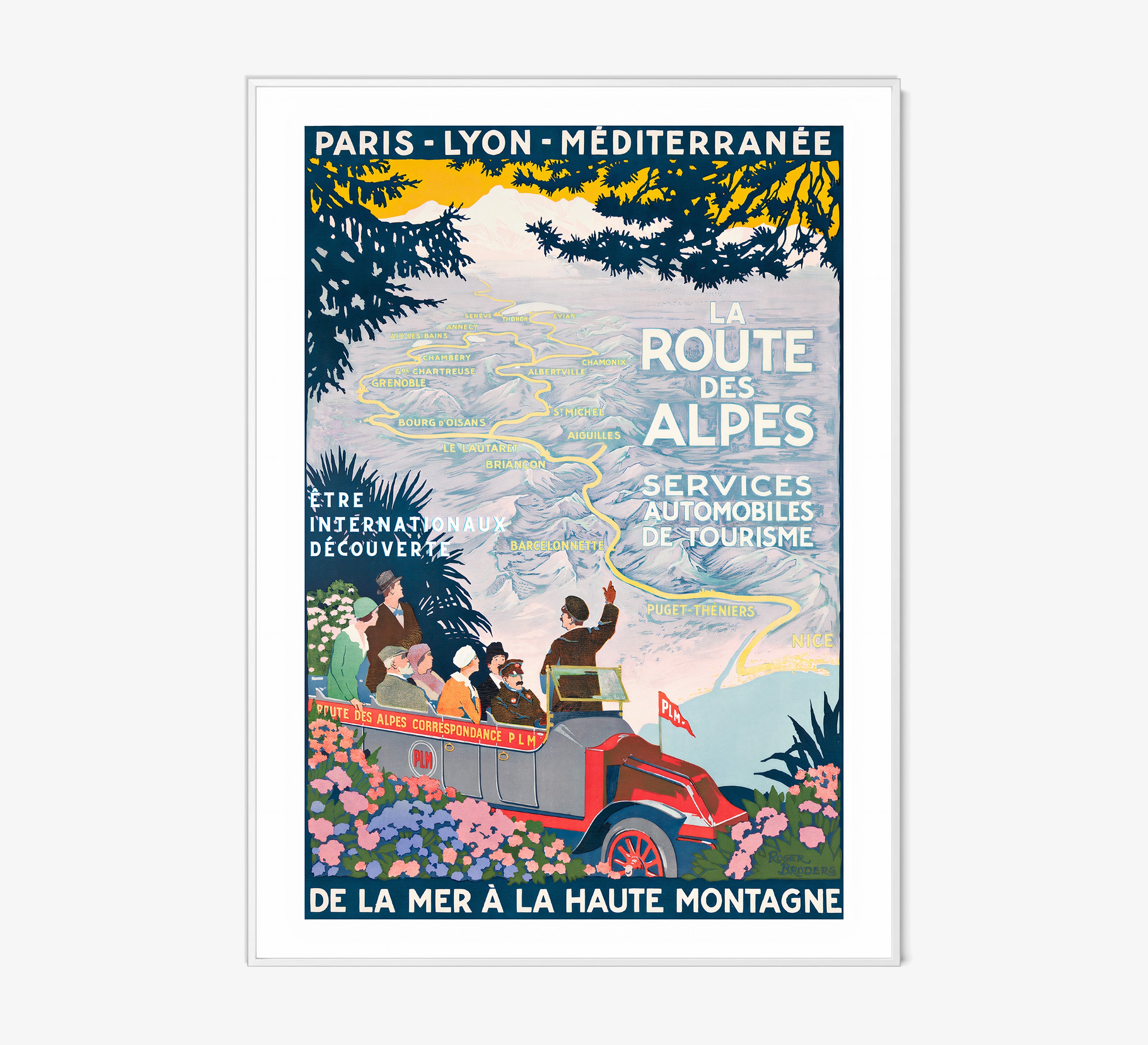 Framed poster featuring a map through the mountains and a tour guide with the text "La Route Des Alpes" at the center hanging on a light background