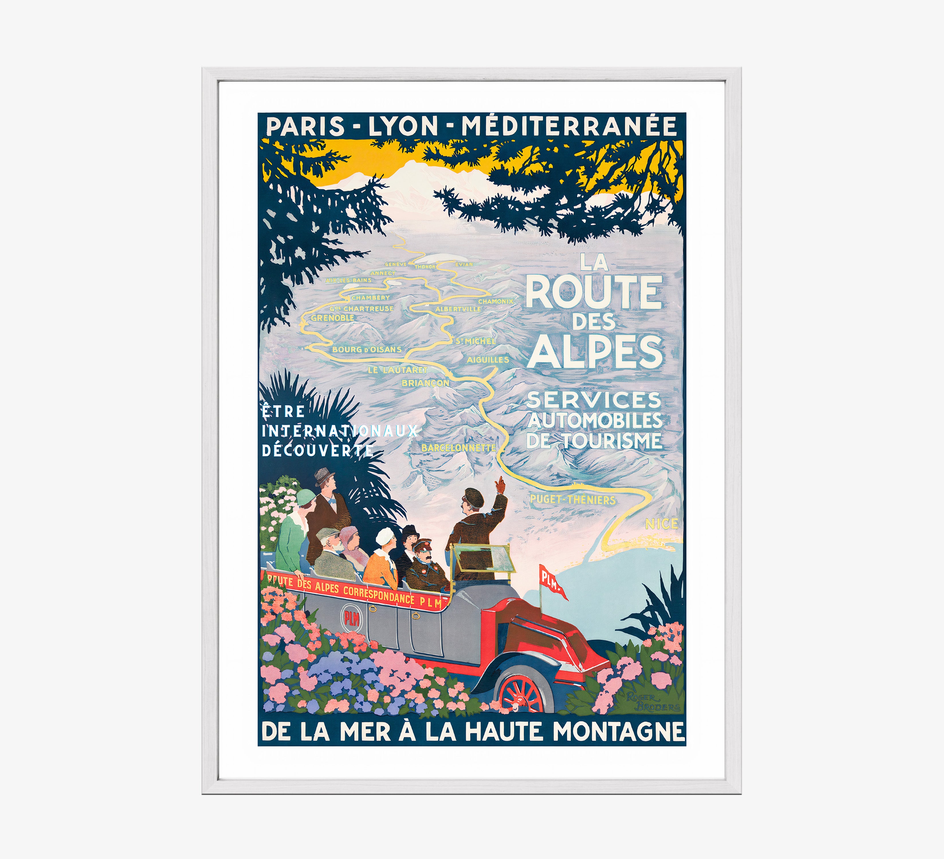 Framed poster featuring a map through the mountains and a tour guide with the text "La Route Des Alpes" at the center hanging on a light background