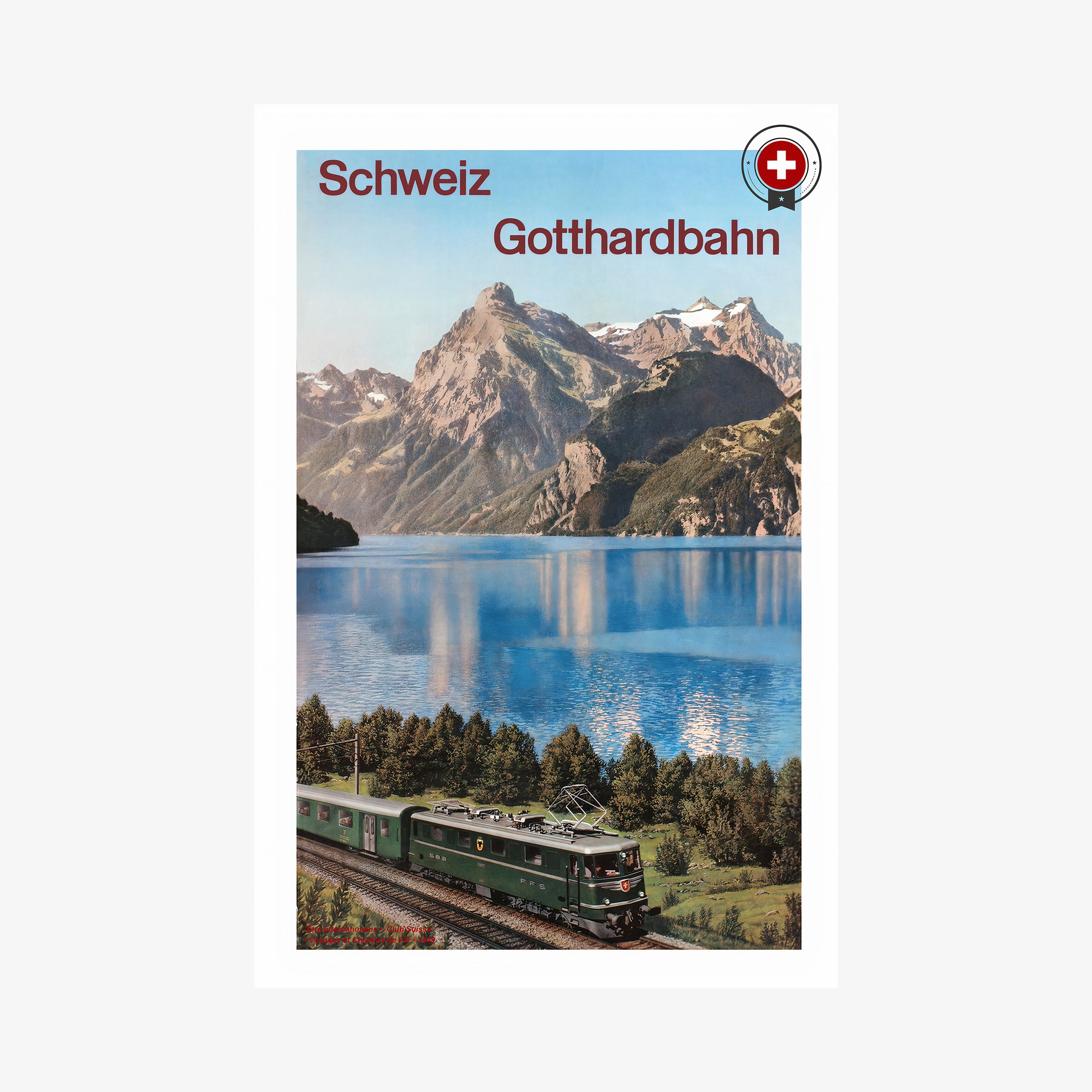 Poster of "Schweiz Gotthardbahn" featuring a train next to a mountain lake scene