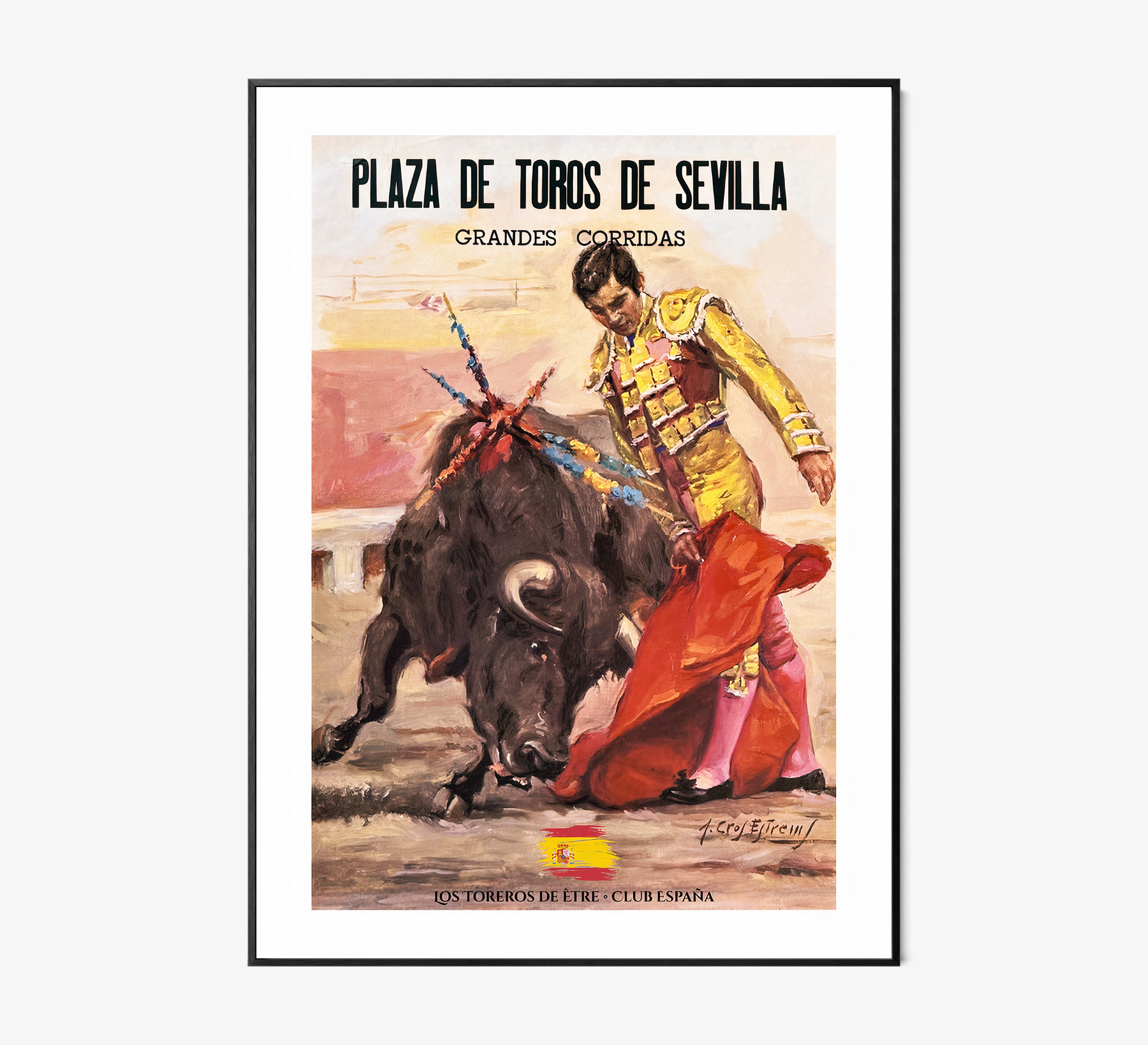 Framed poster of a bullfighter hanging on a light background