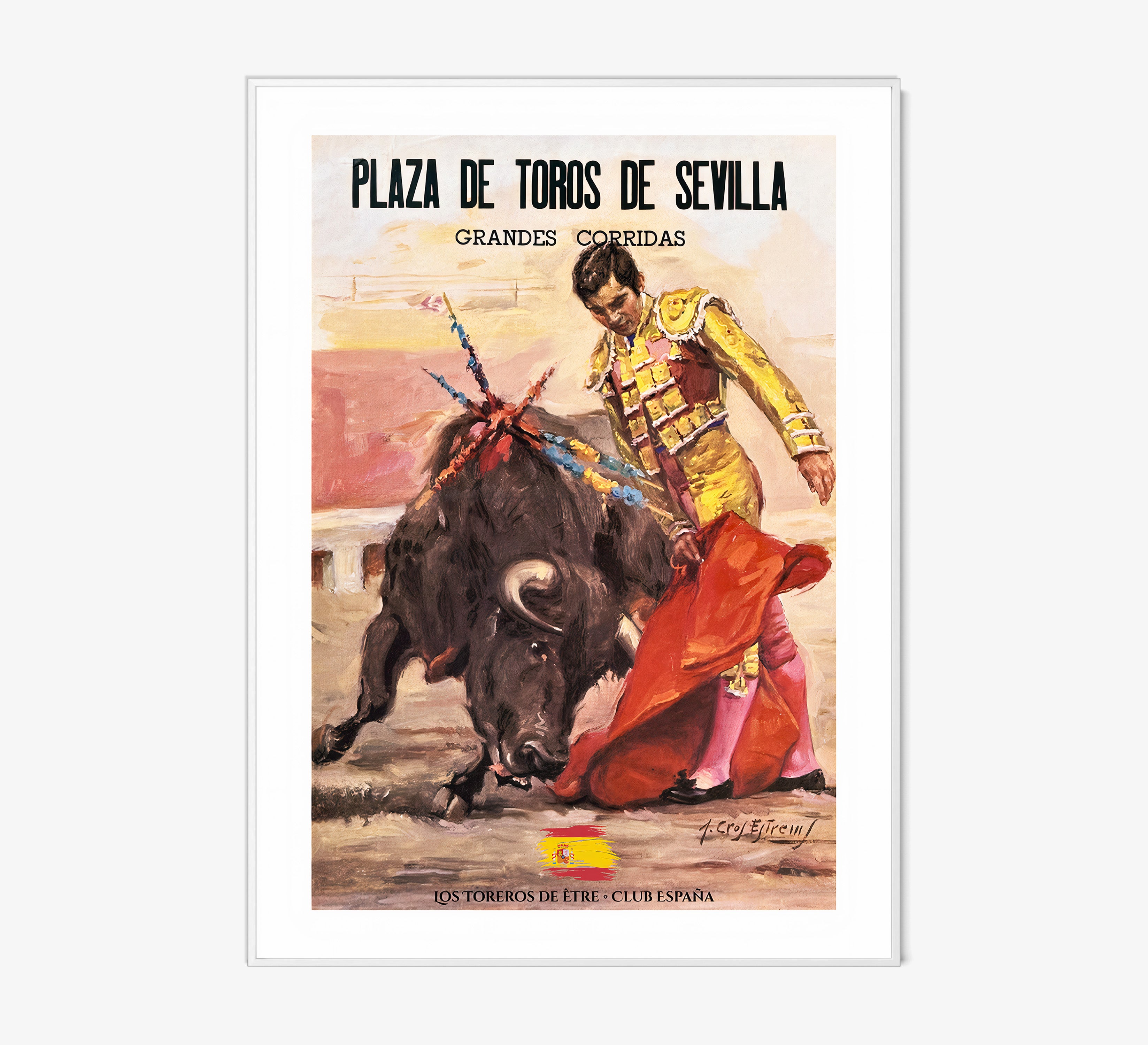 Framed poster of a bullfighter hanging on a light background