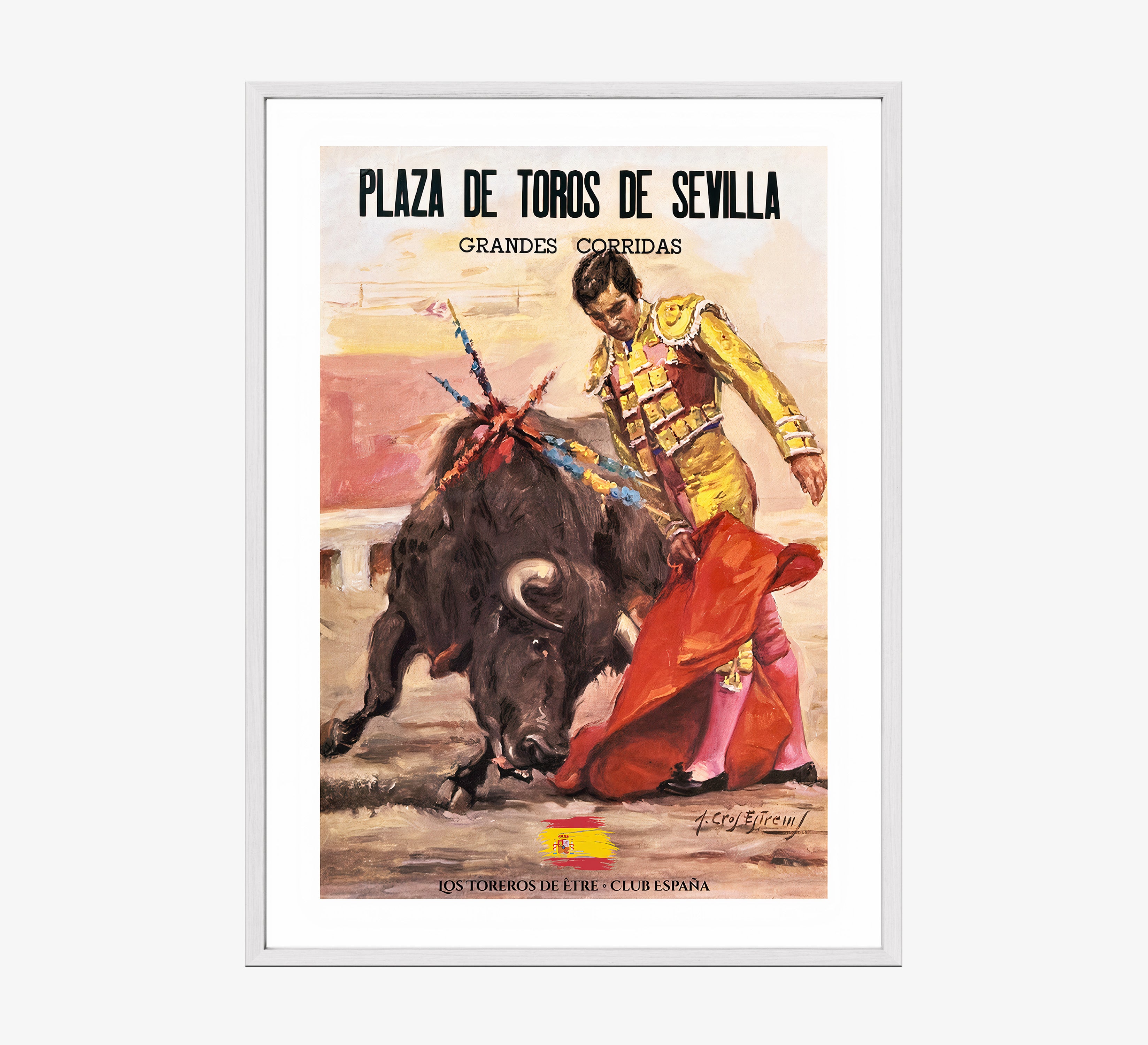 Framed poster of a bullfighter hanging on a light background