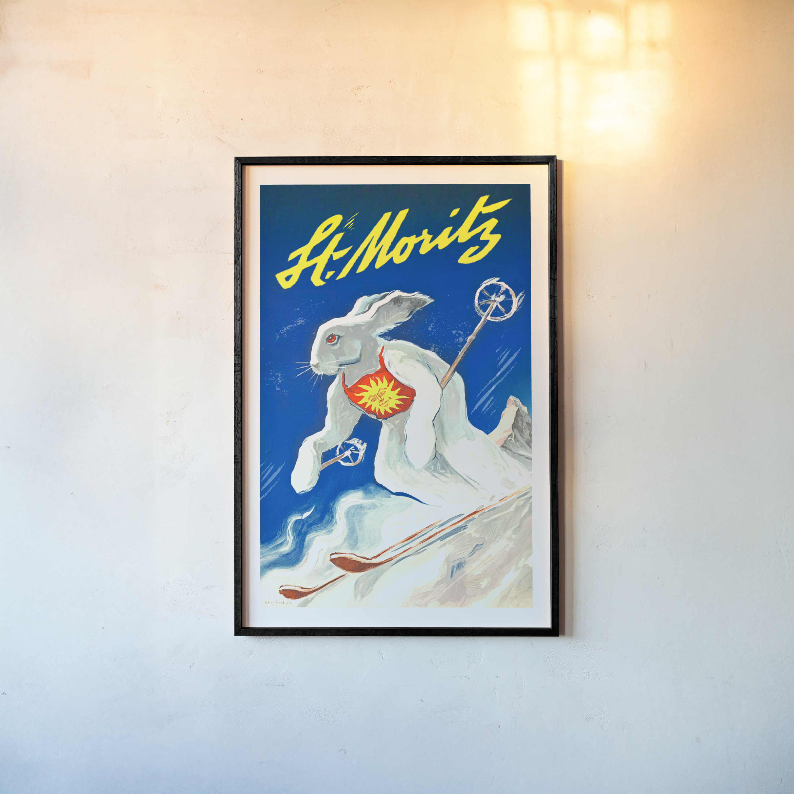 Ski bunny, St Moritz, going down a slope. Winter Ski Poster