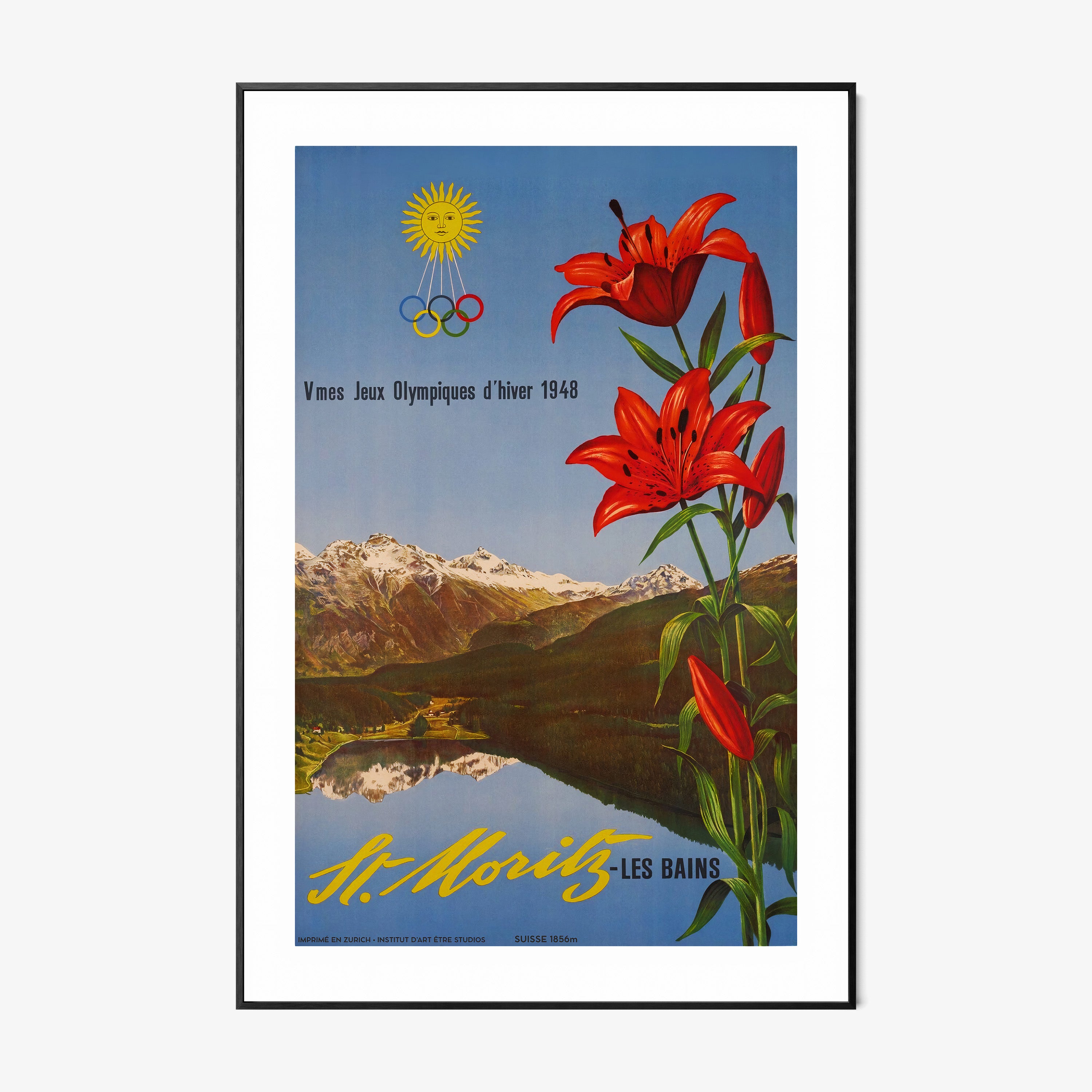 Framed poster with red flowers and mountain landscape on a wall.