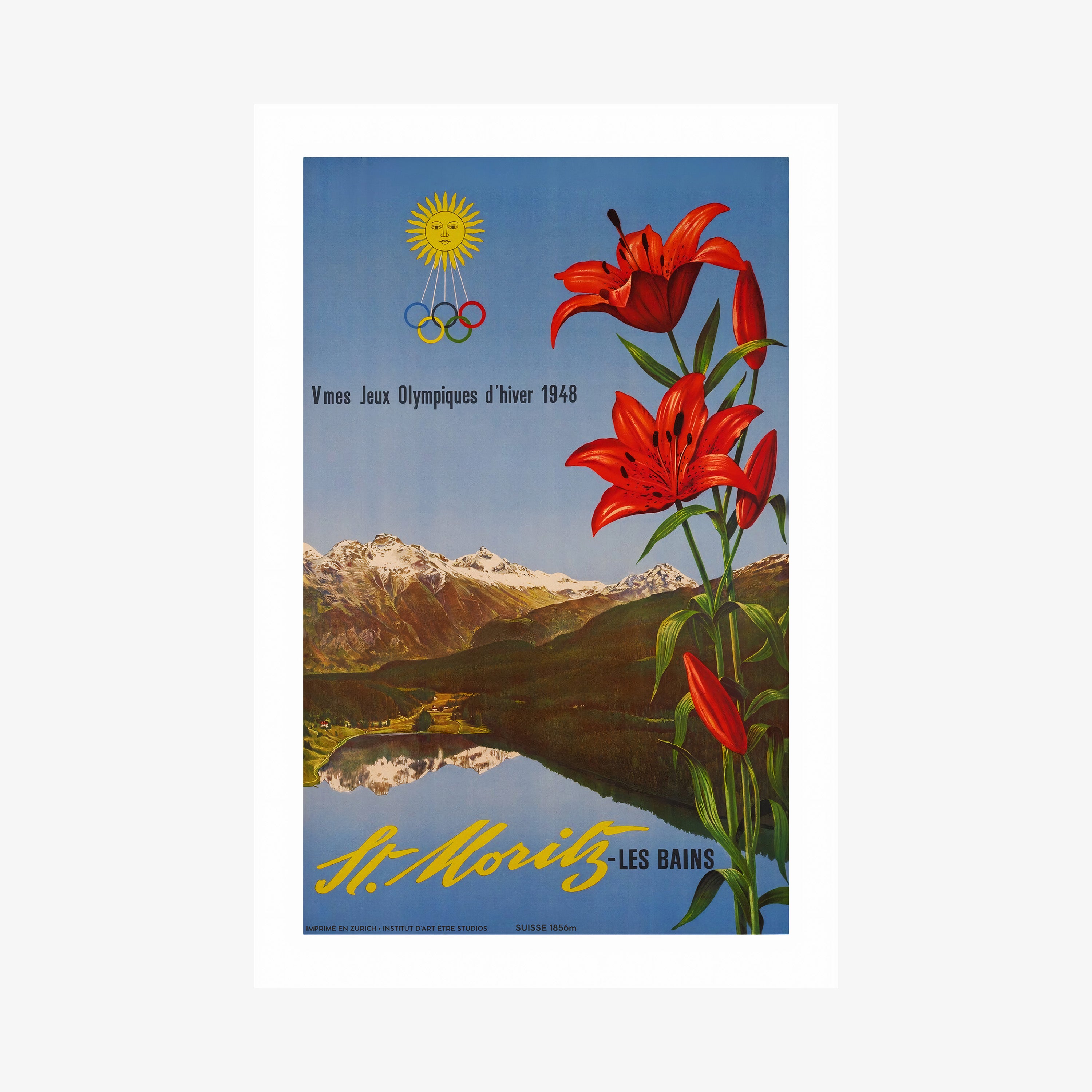 Poster with red flowers and mountain landscape on a wall.