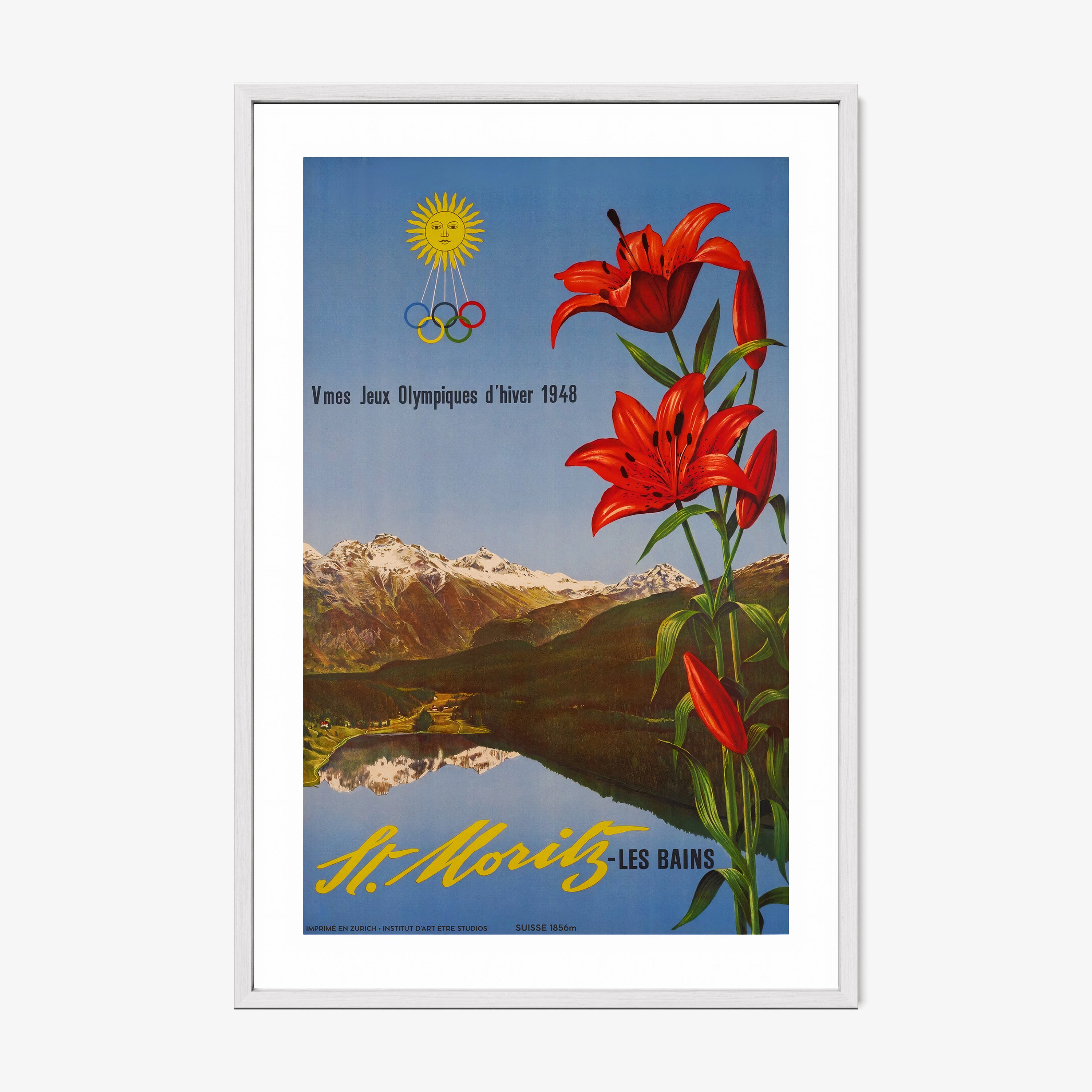 Framed poster with red flowers and mountain landscape on a wall.