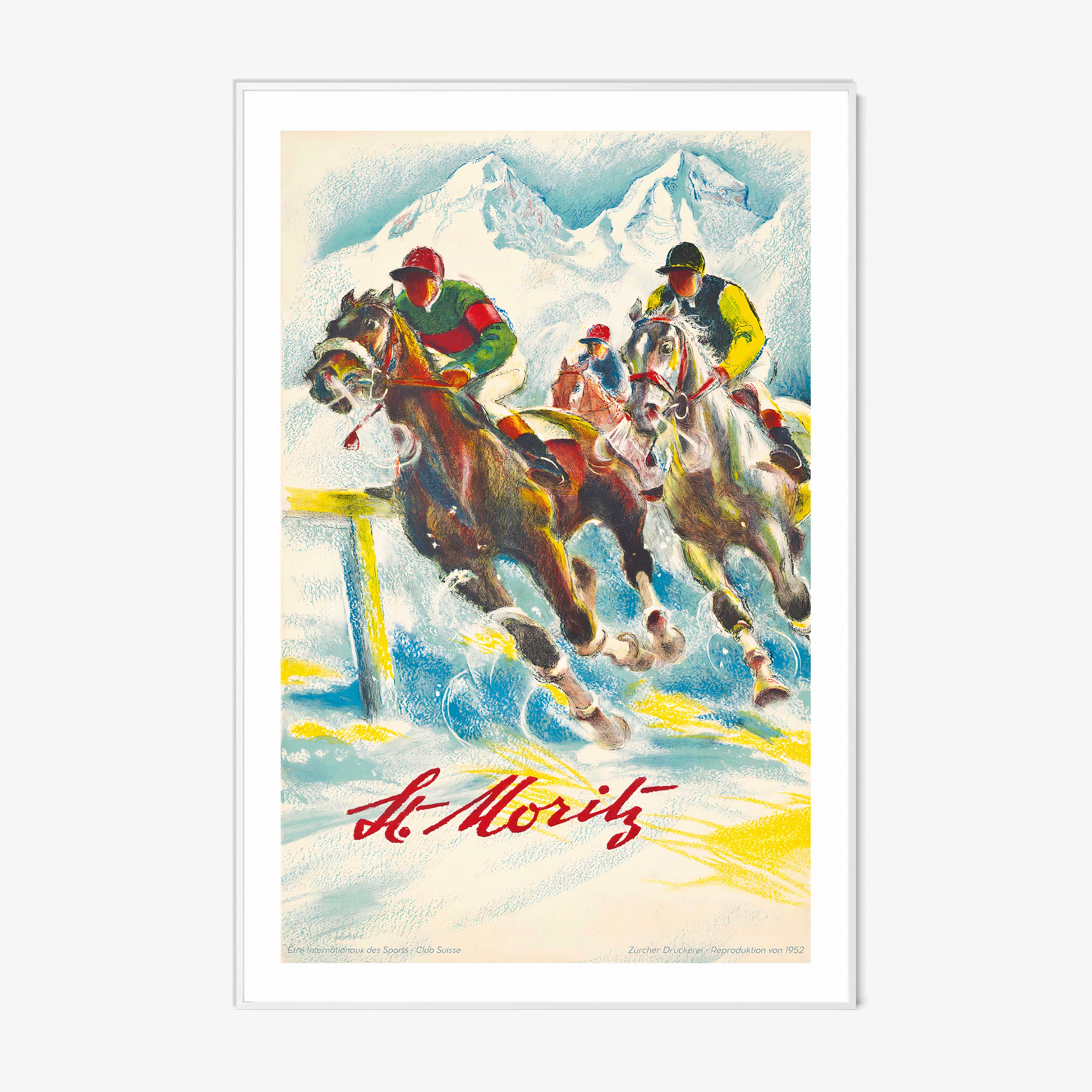 Framed poster of horse racers in the mountains with the text "St.Moritz" at the bottom hanging on a light background