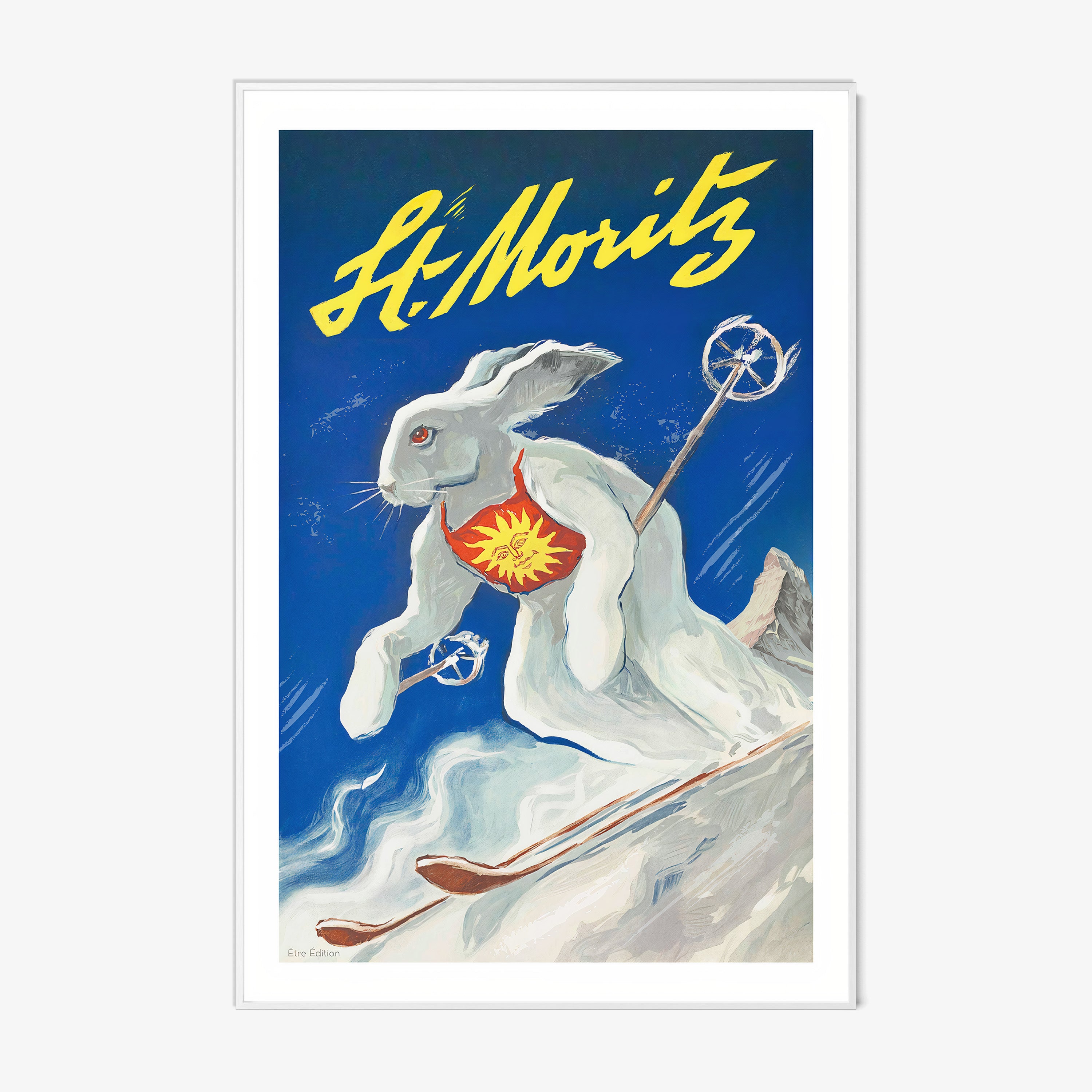 Framed poster of a white rabbit on skis with the text "St Moritz" at the top
