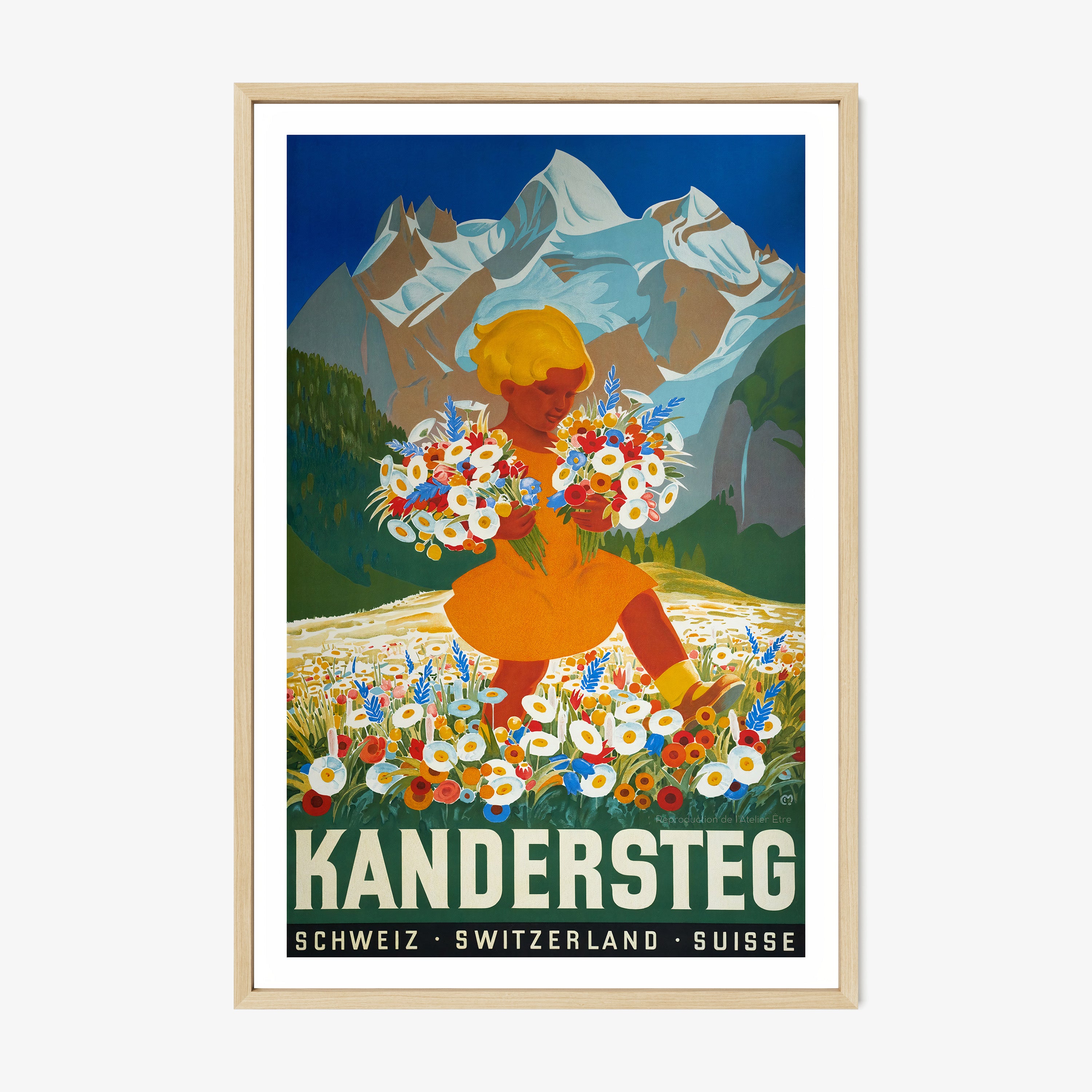 Framed poster of "Kandersteg" featuring mountains and a girl carrying flowers