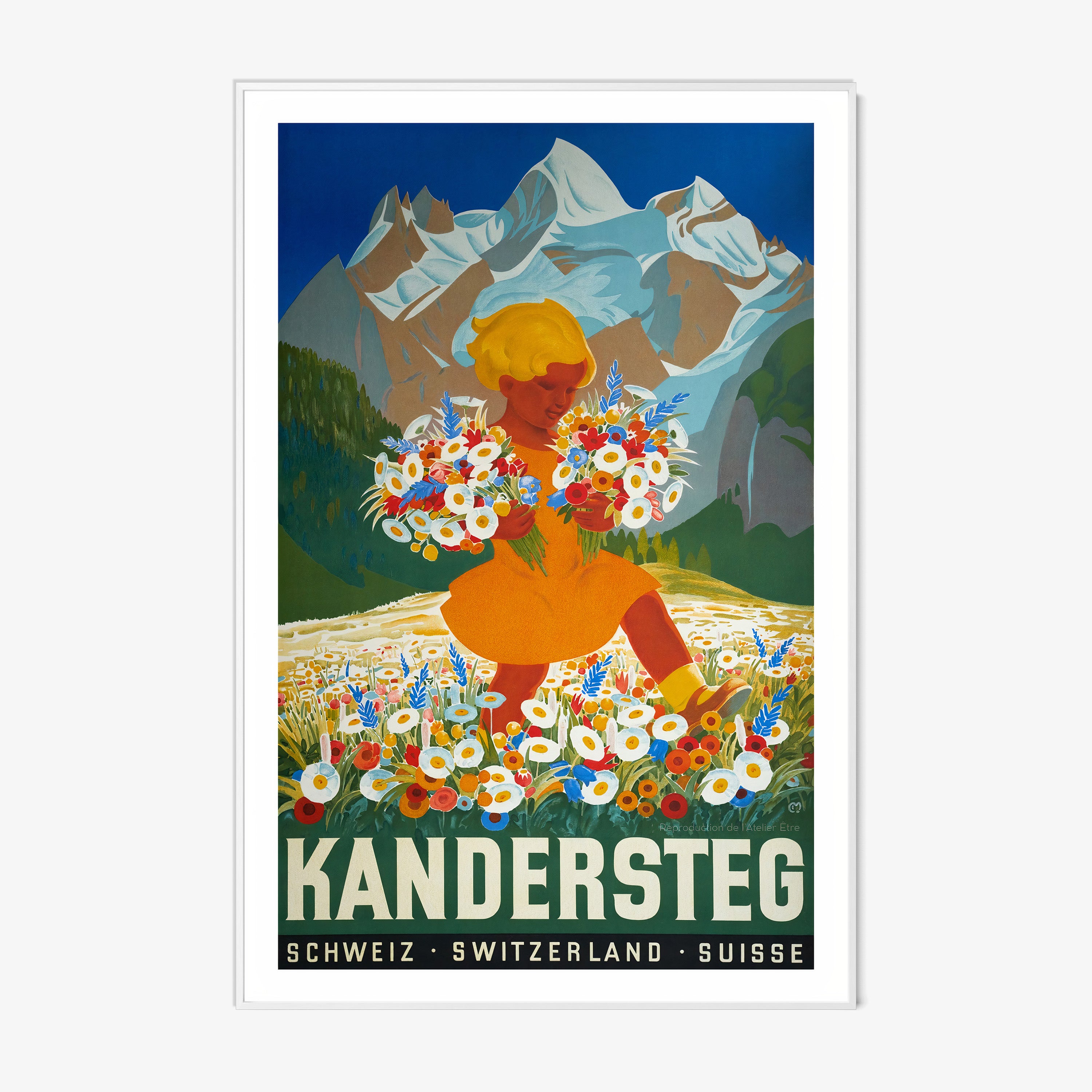Framed poster of "Kandersteg" featuring mountains and a girl carrying flowers