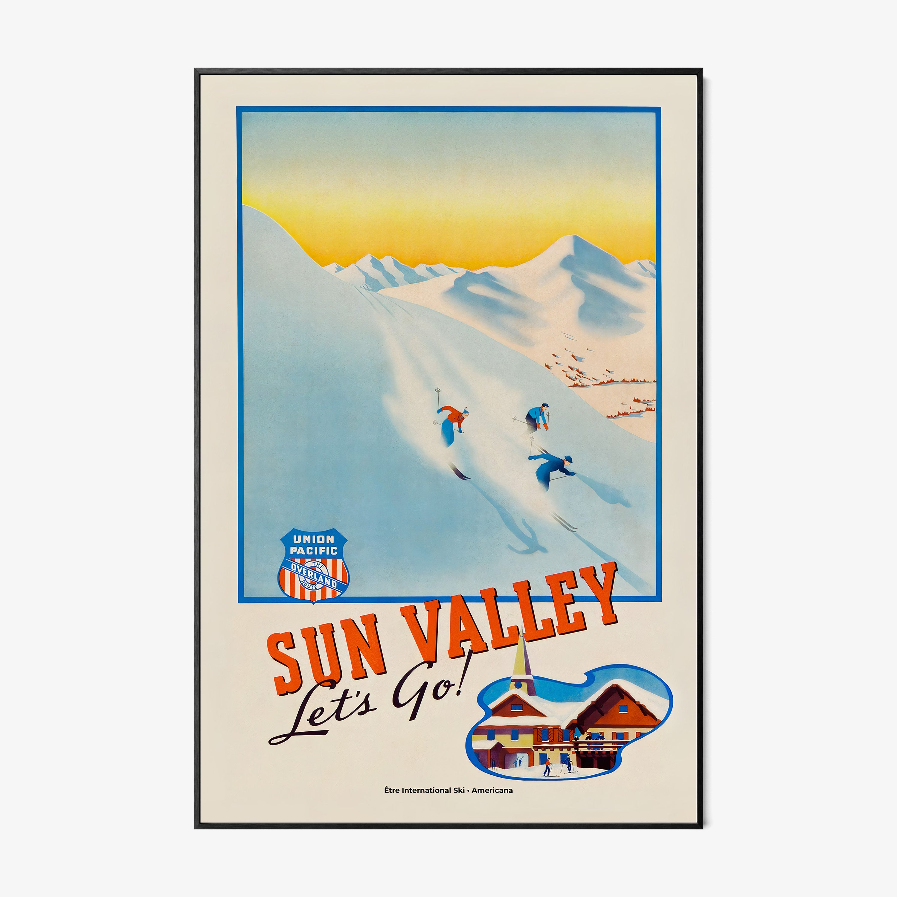 Framed "Sun Valley" poster featuring skier's going down a snowy mountain hanging on a light background
