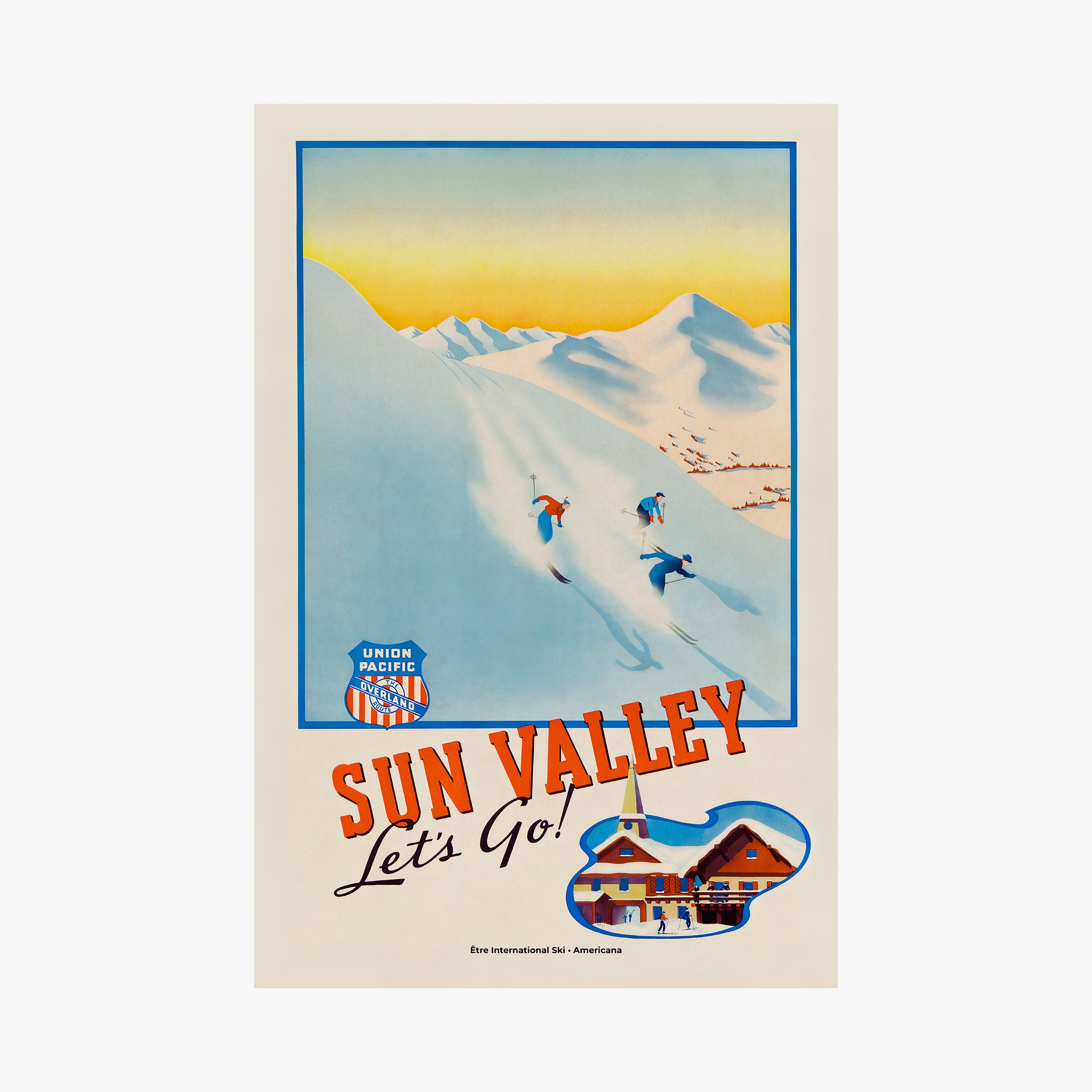 "Sun Valley" poster featuring skier's going down a snowy mountain hanging on a light background