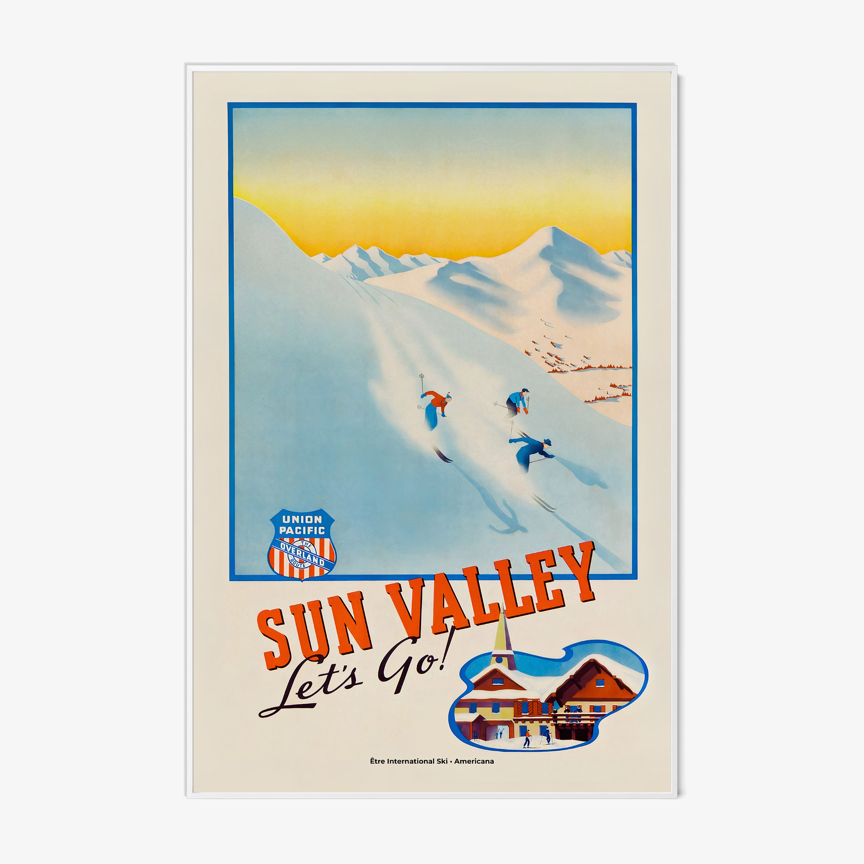 Framed "Sun Valley" poster featuring skier's going down a snowy mountain hanging on a light background