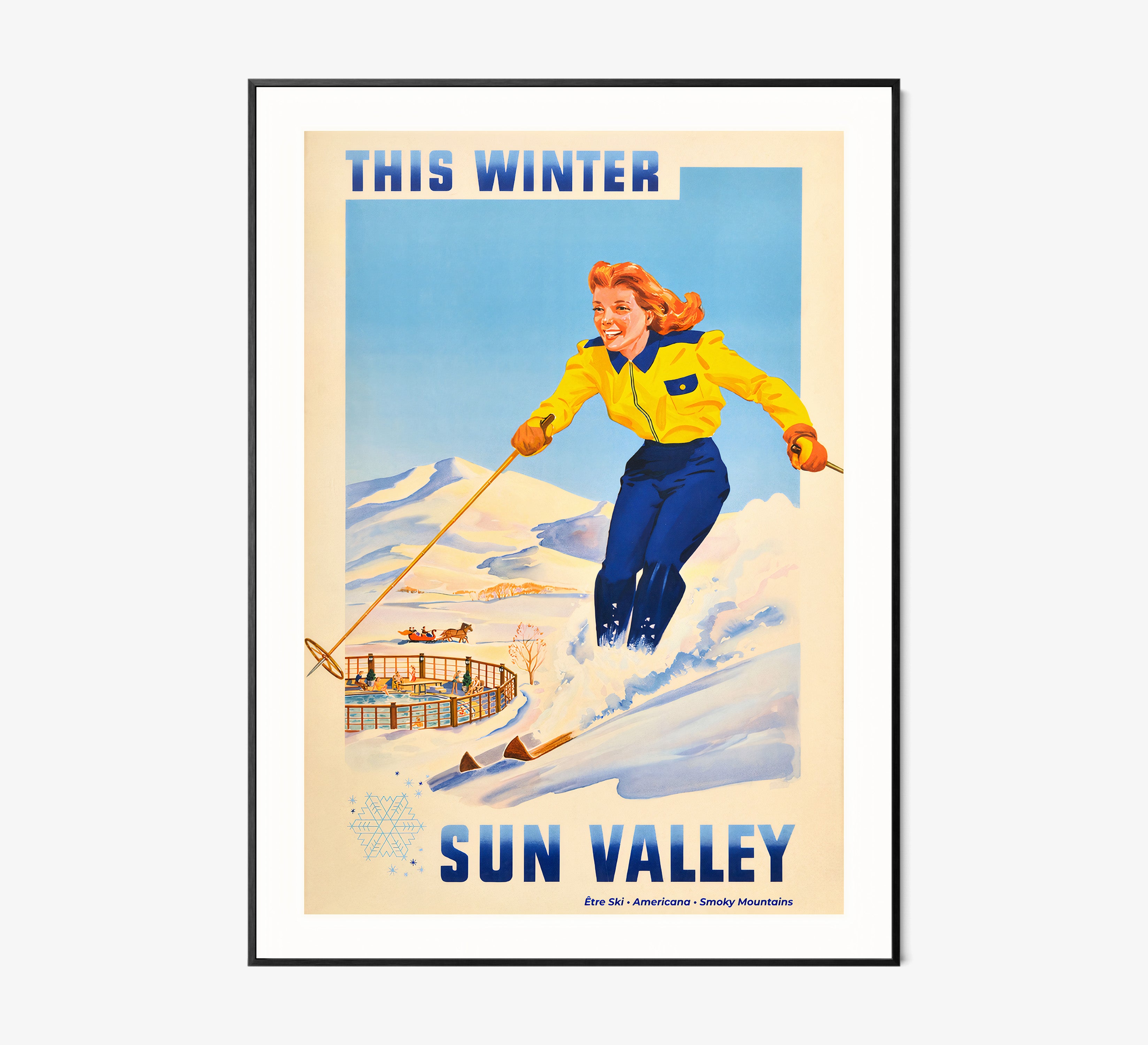 Framed "Sun Valley" poster featuring a woman skiing hanging on a light background