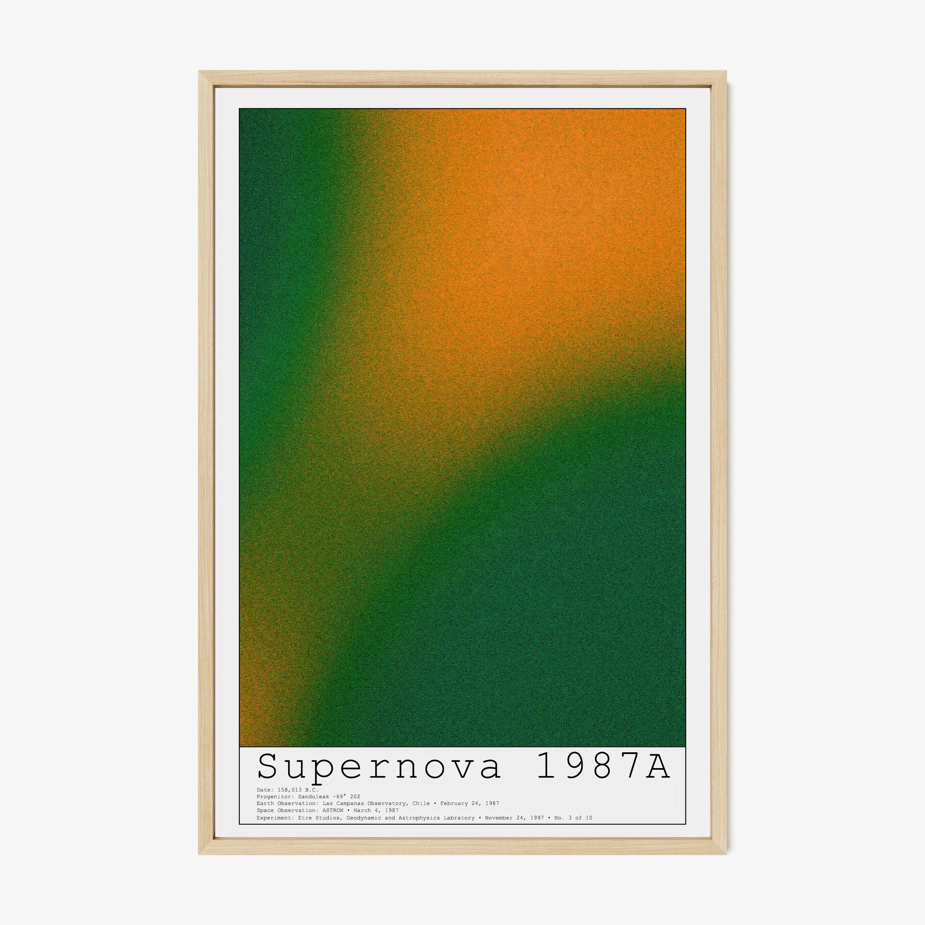 Framed poster of "Supernova" featuring a combination of orange and green colors hanging on a light background