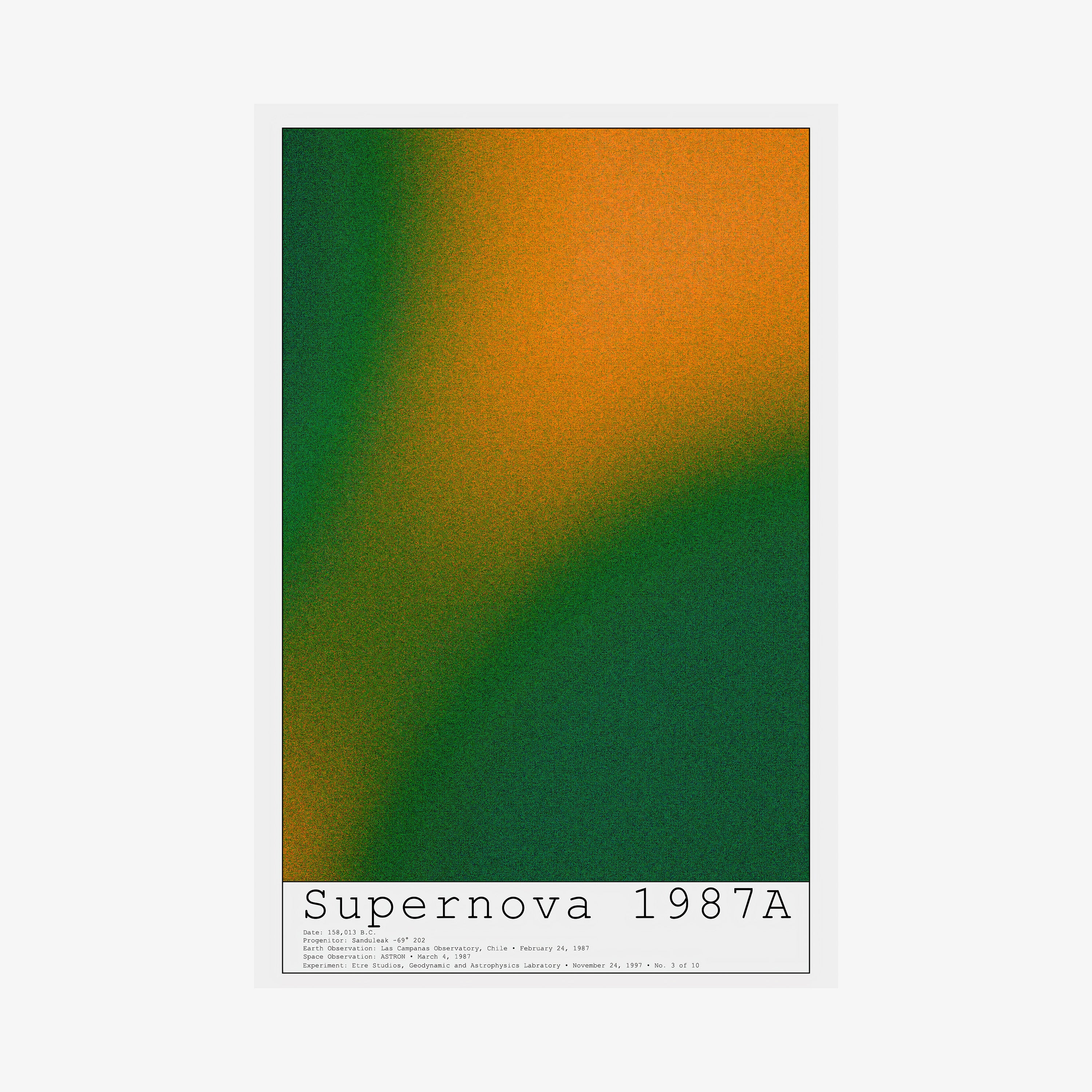 Poster of "Supernova" featuring a combination of orange and green colors hanging on a light background