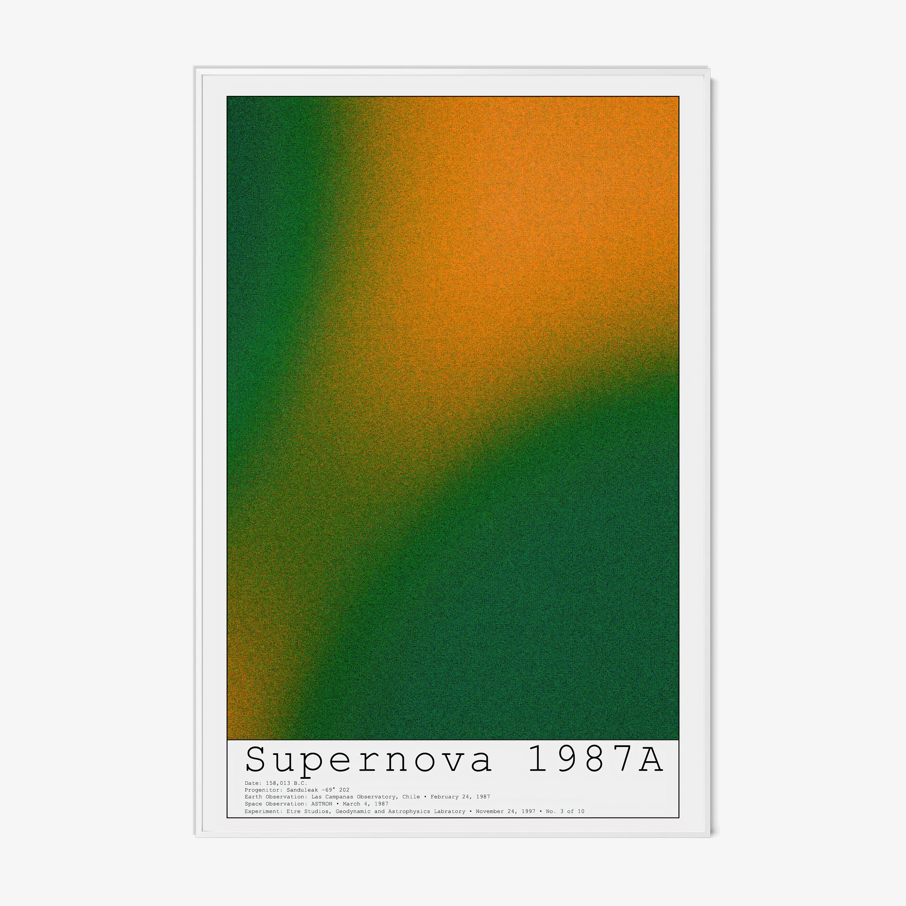 Framed poster of "Supernova" featuring a combination of orange and green colors hanging on a light background