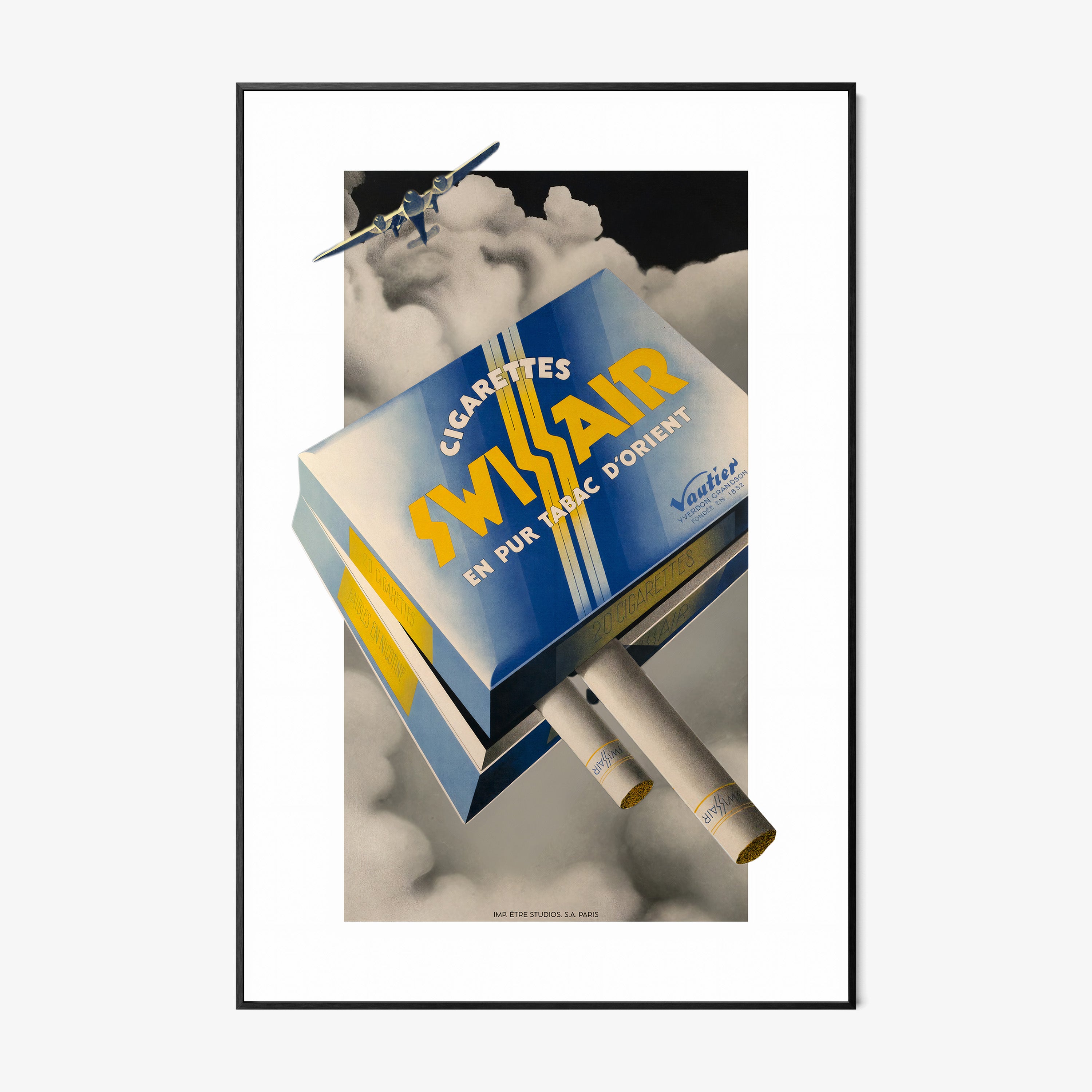 A framed poster features an airline cigarette advertisement
