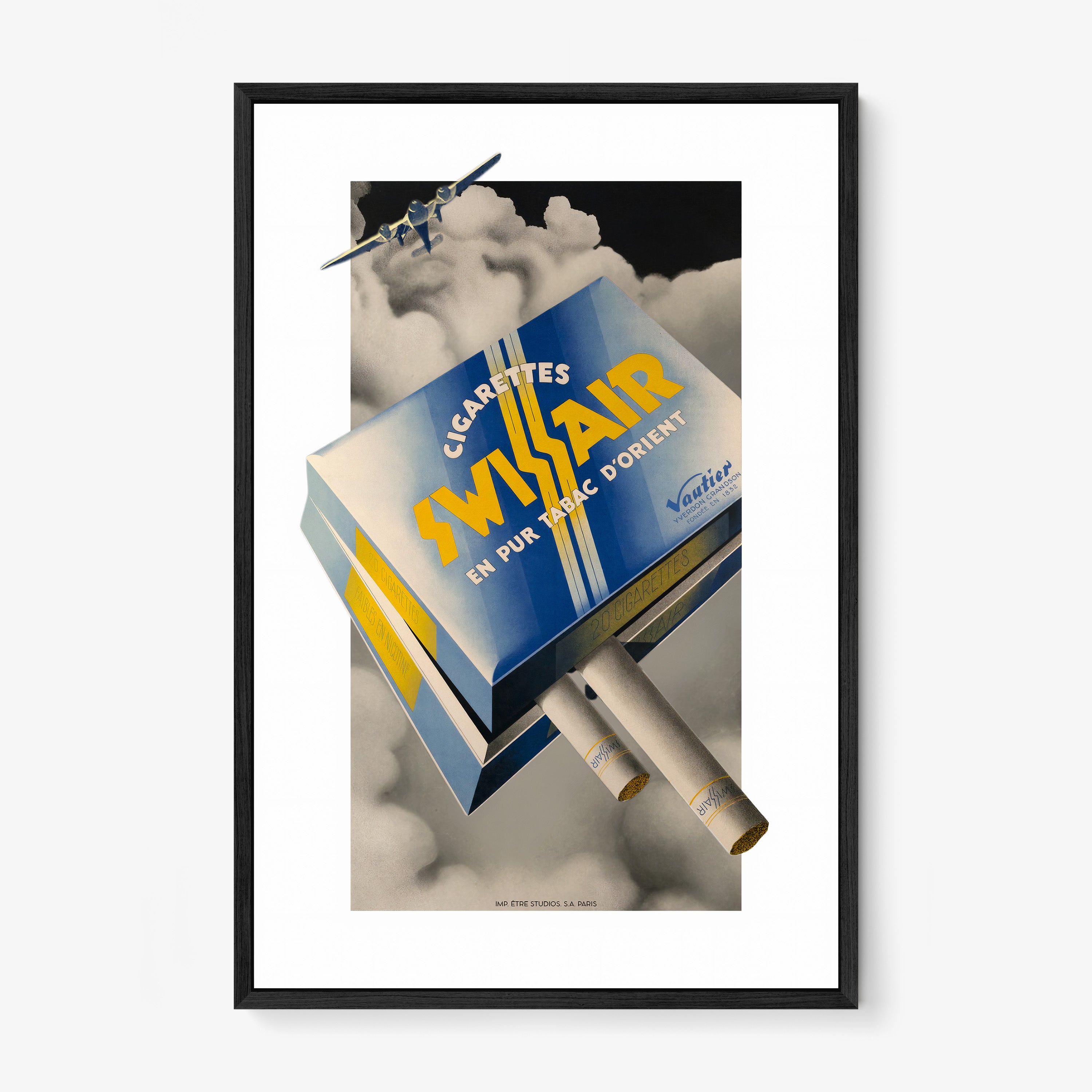 A framed poster features an airline cigarette advertisement