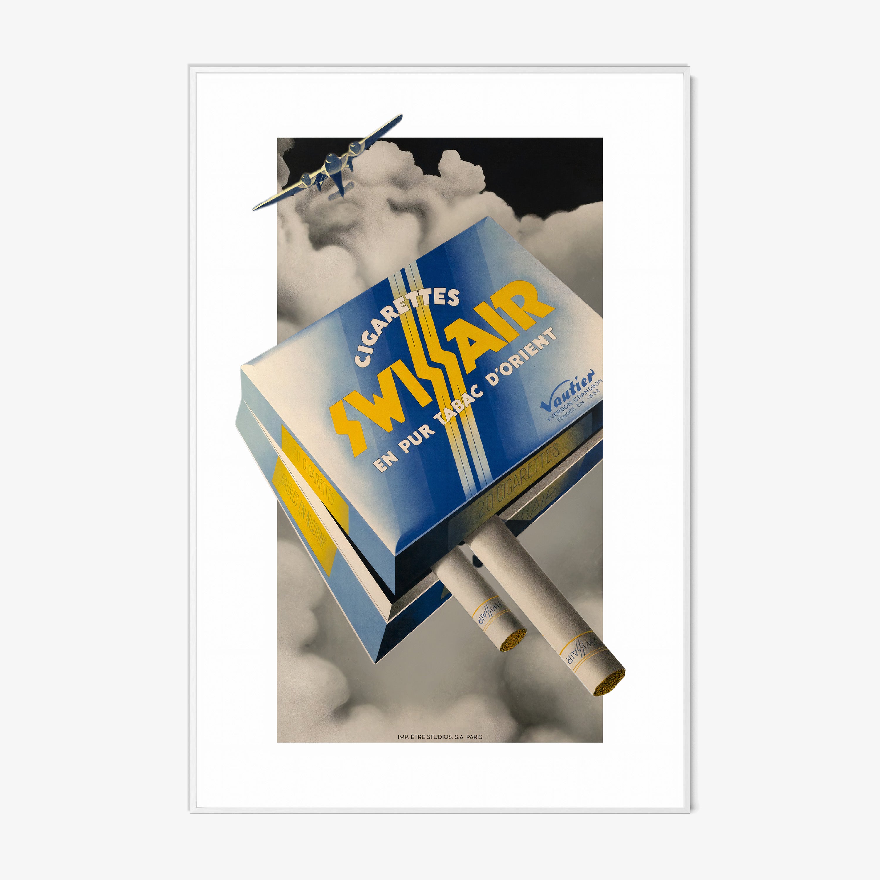 A framed poster features an airline cigarette advertisement