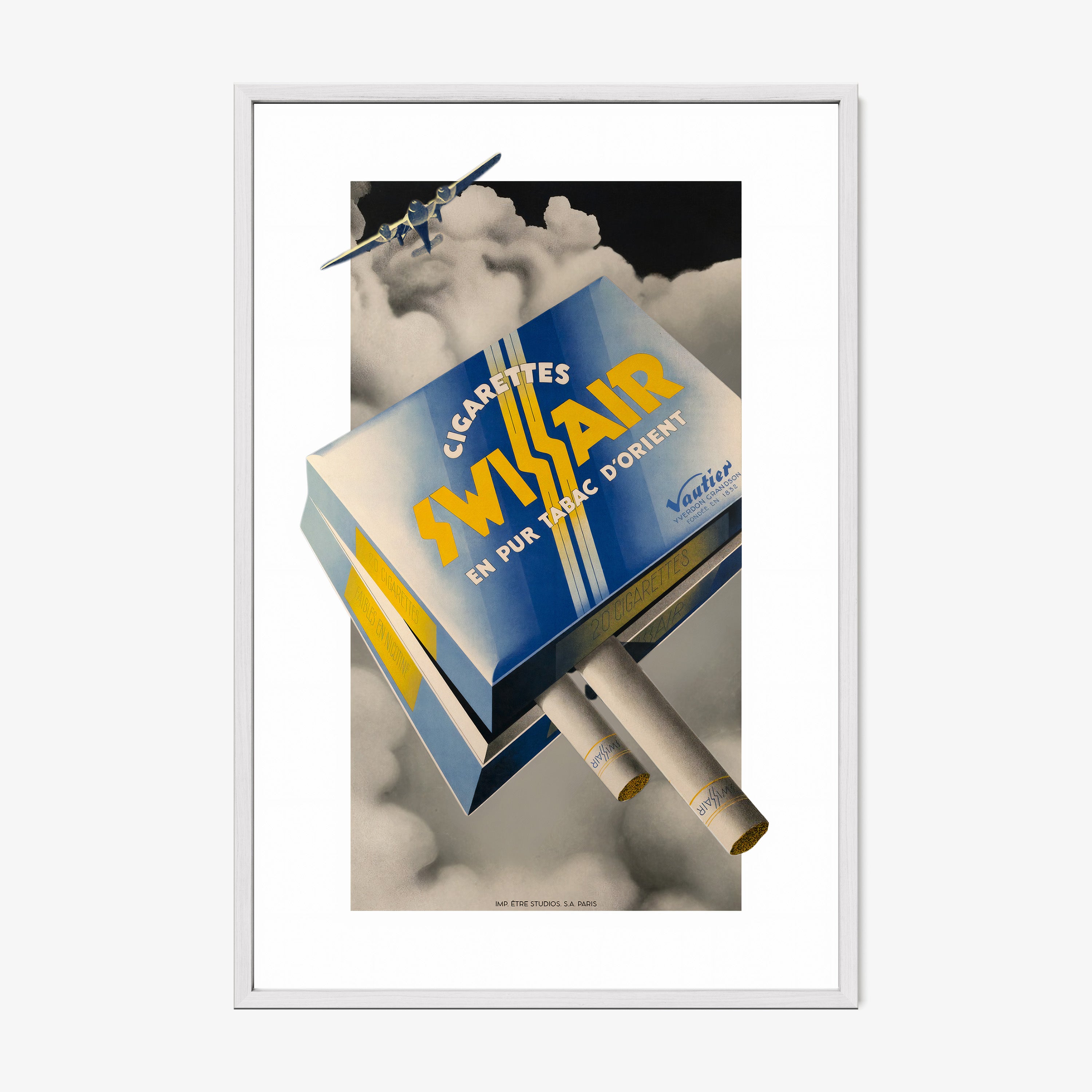 A framed poster features an airline cigarette advertisement