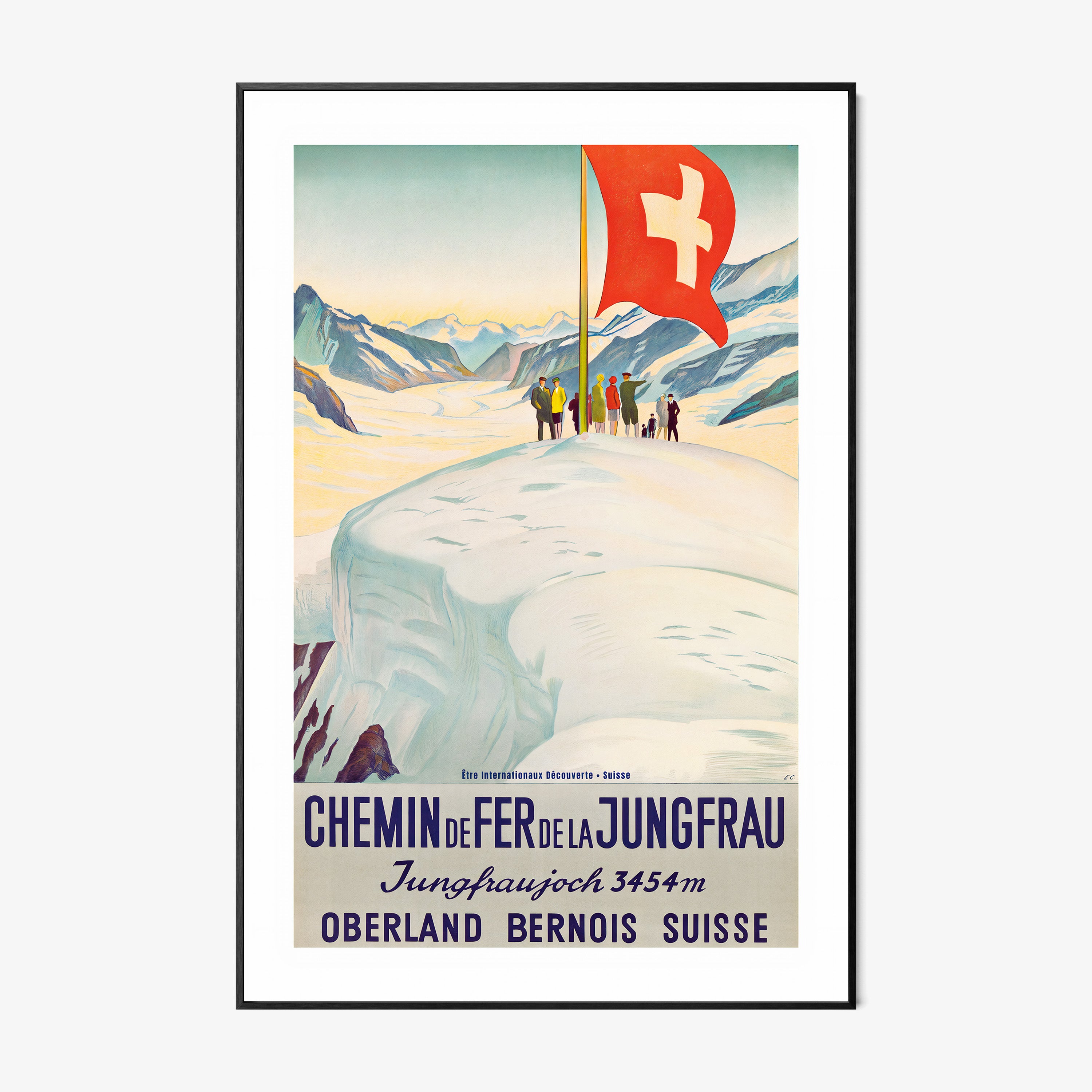 Framed Poster featuring a group of people on top of a snowy mountain edge standing next to a large Switzerland flag hanging on a white backdrop