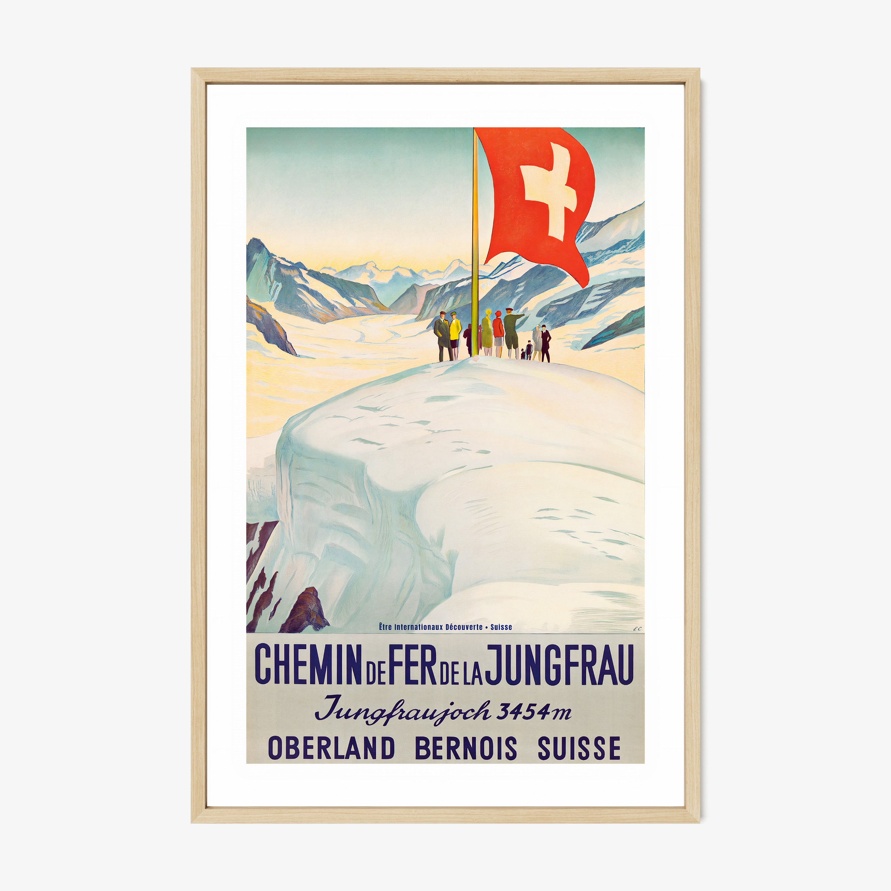 Framed Poster featuring a group of people on top of a snowy mountain edge standing next to a large Switzerland flag hanging on a white backdrop