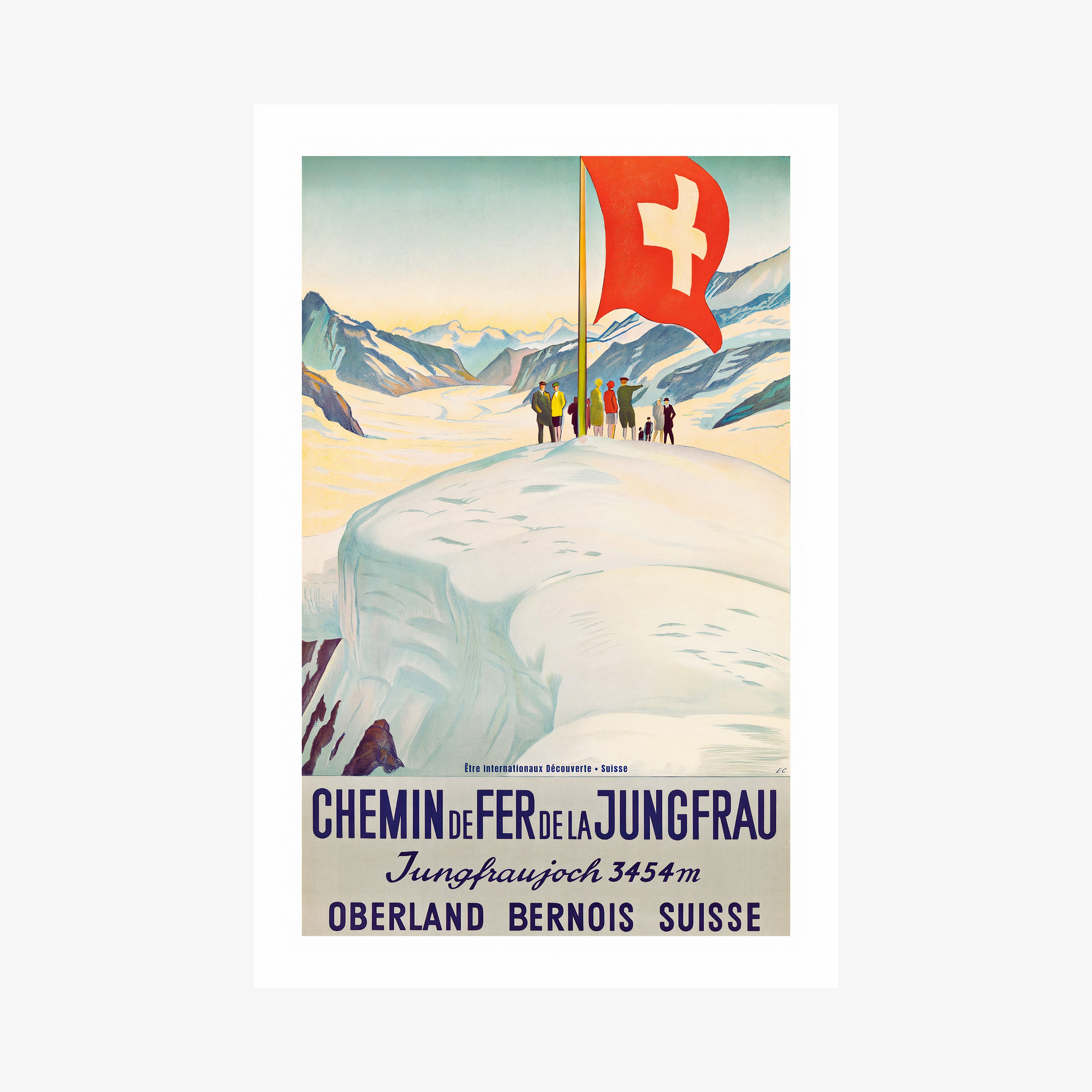 Poster featuring a group of people on top of a snowy mountain edge standing next to a large Switzerland flag hanging on a white backdrop